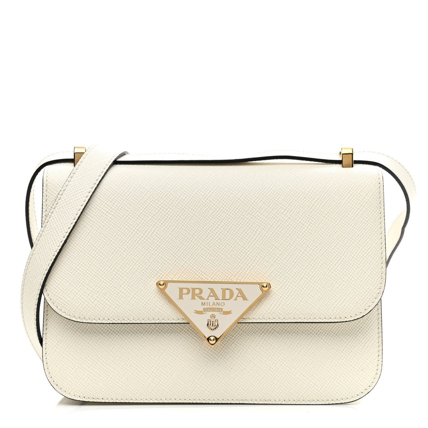 Saffiano Cuir Triangle Embleme Flap Shoulder Bag White