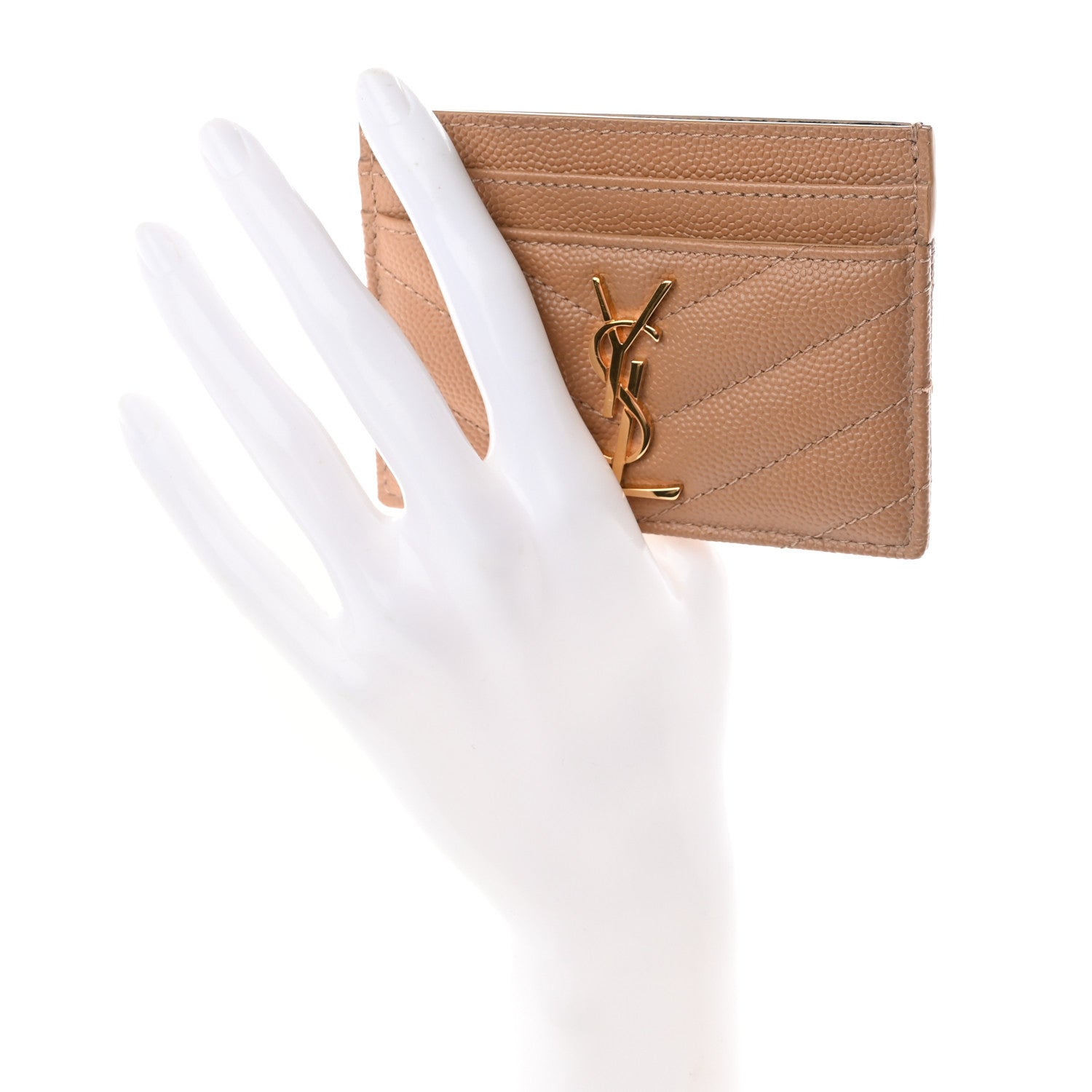 Saint Laurent Grain De Poudre Matelasse Chevron Monogram Credit Card Case Dark Beige 2 of 7