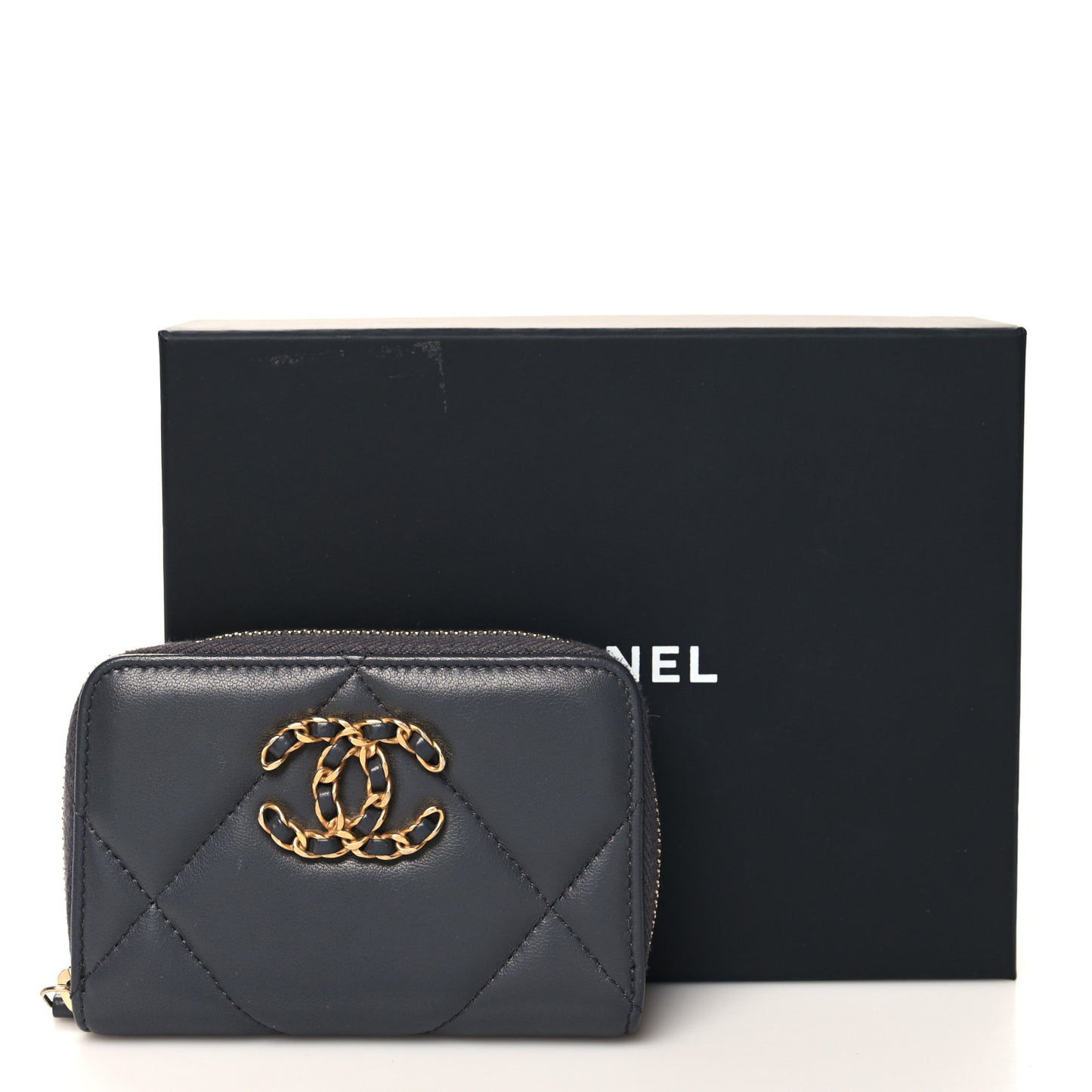 Lambskin Quilted Chanel 19 Zip Around Coin Purse Wallet Grey