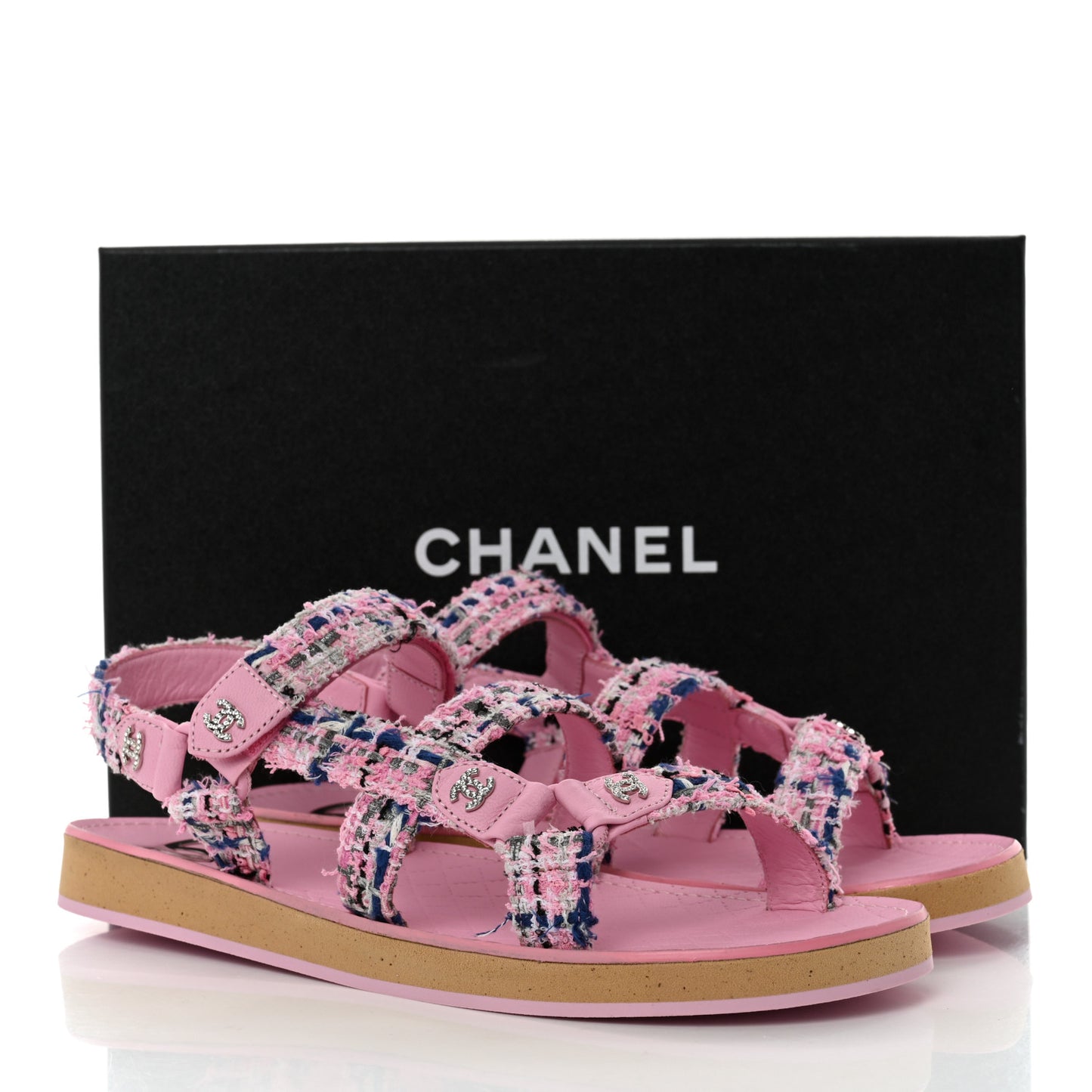 Tweed Lambskin Crystal CC Sandals 41 Pink Multicolor