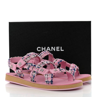 Chanel Tweed Lambskin Crystal CC Sandals 41 Pink Multicolor 9 of 9