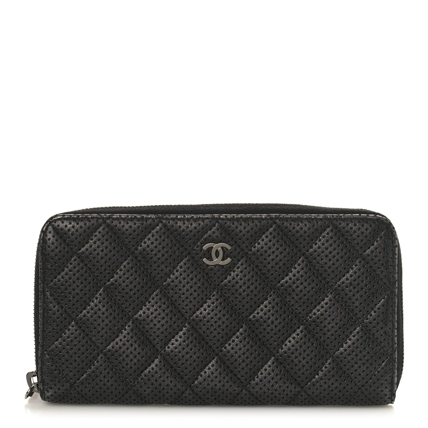 Perforated Lambskin Quilted Zip Around Wallet Black