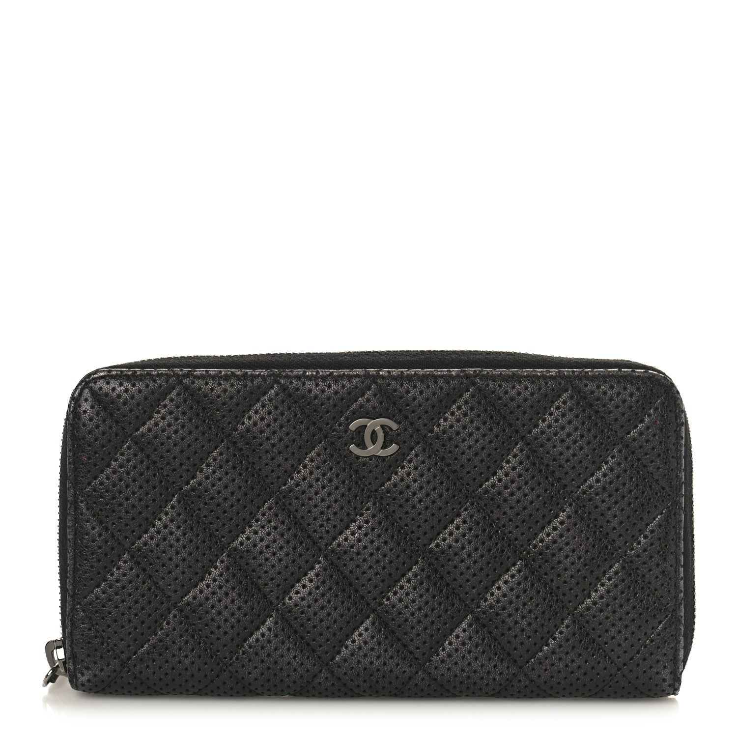 Chanel Perforated Lambskin Quilted Zip Around Wallet Black 1 of 9