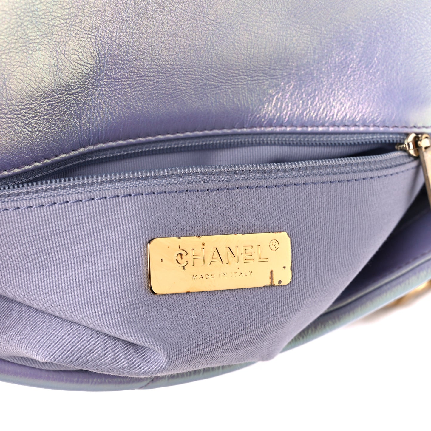 Iridescent Calfskin Quilted Medium Chanel 19 Flap Light Purple Blue