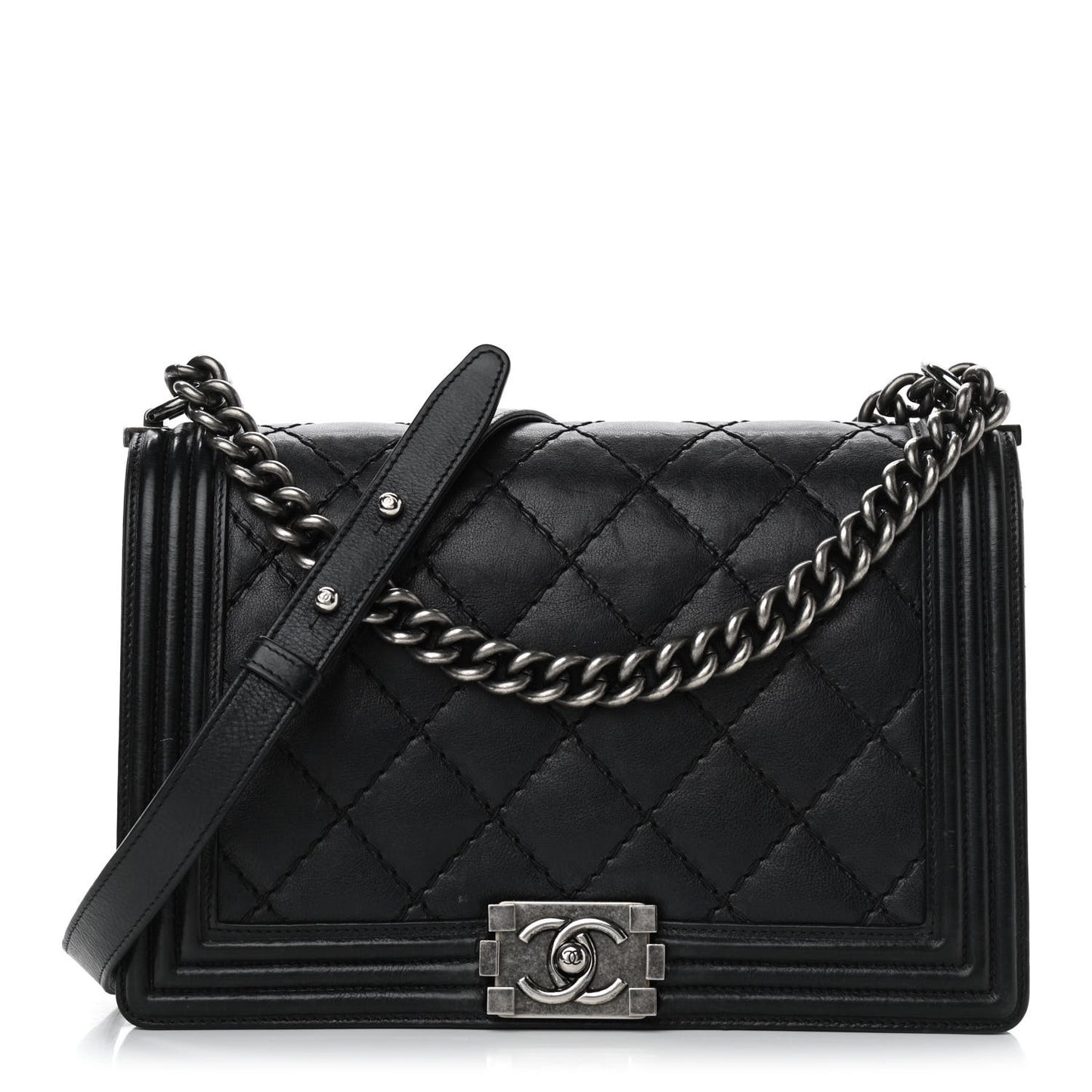 Calfskin Quilted Double Stitch New Medium Boy Flap Black