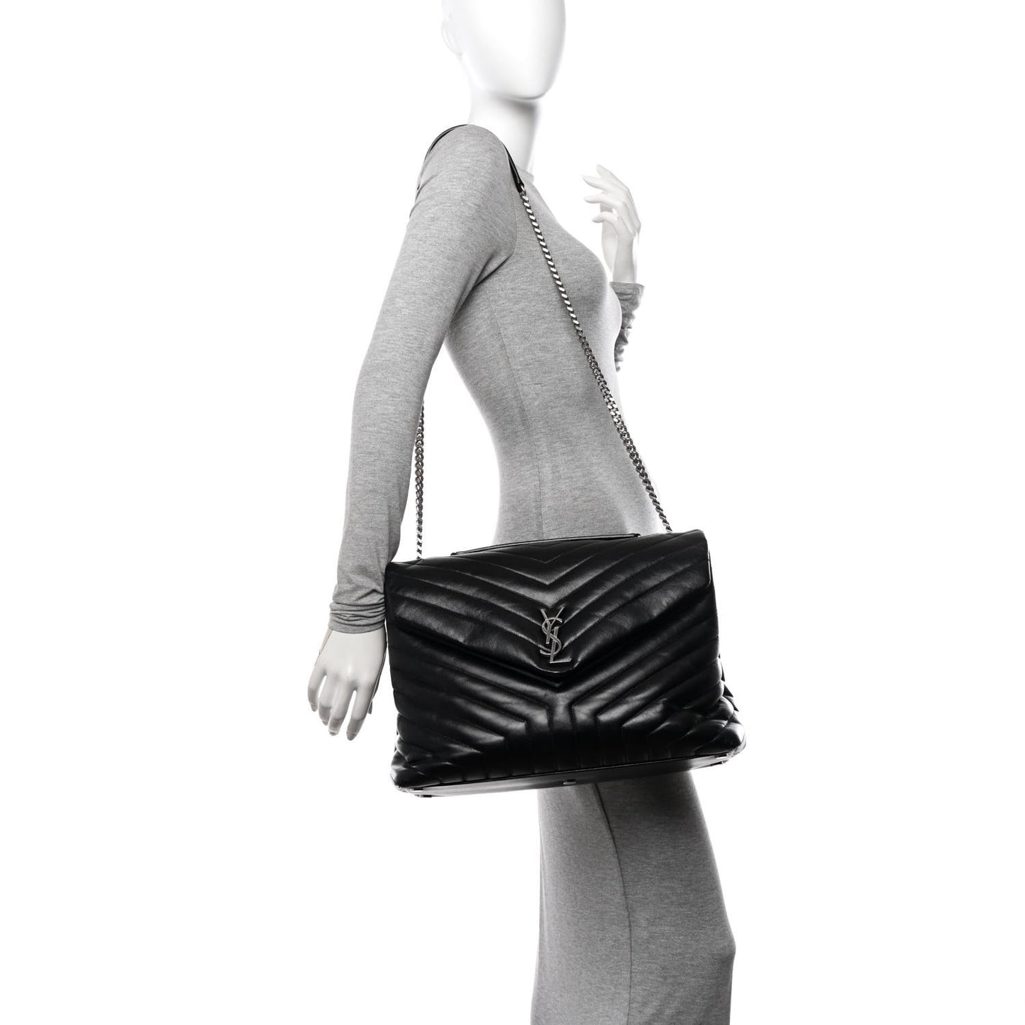 Calfskin Y Quilted Monogram Large Loulou Chain Satchel Black