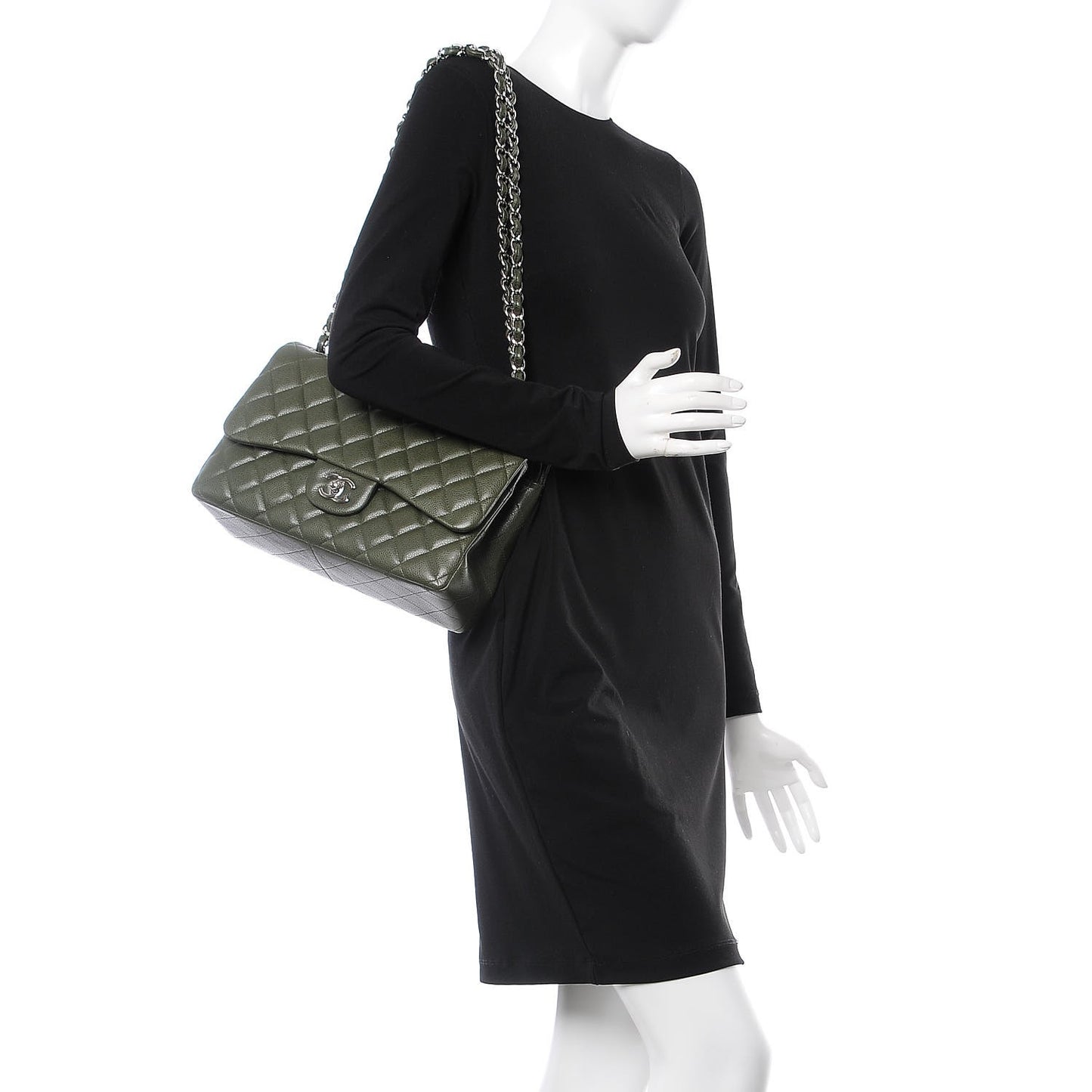 Caviar Quilted Jumbo Double Flap Dark Green