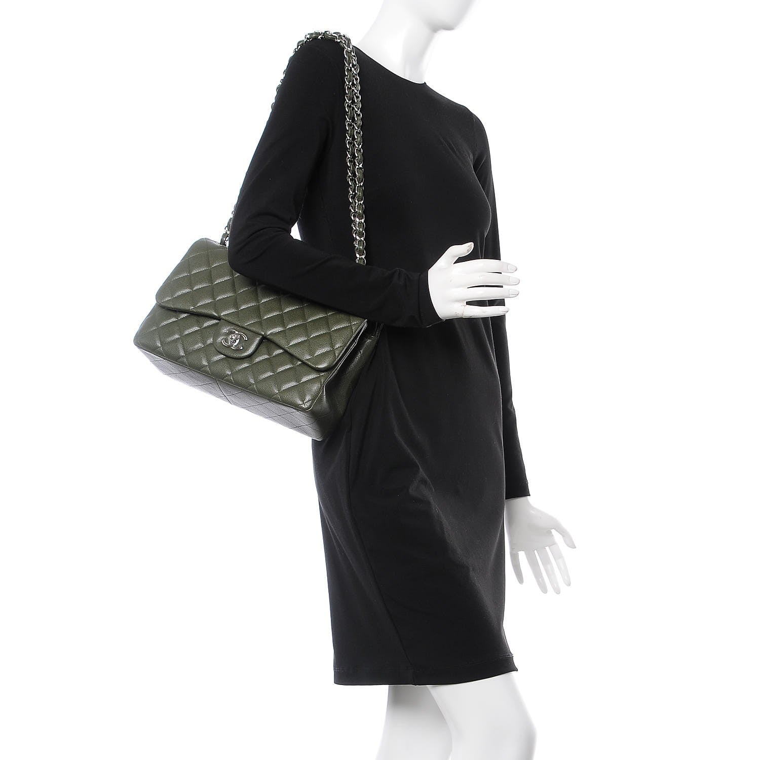 Chanel Caviar Quilted Jumbo Double Flap Dark Green 3 of 10