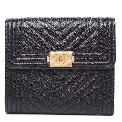 Chanel Caviar Chevron Quilted Boy Compact Wallet Black 1 of 7