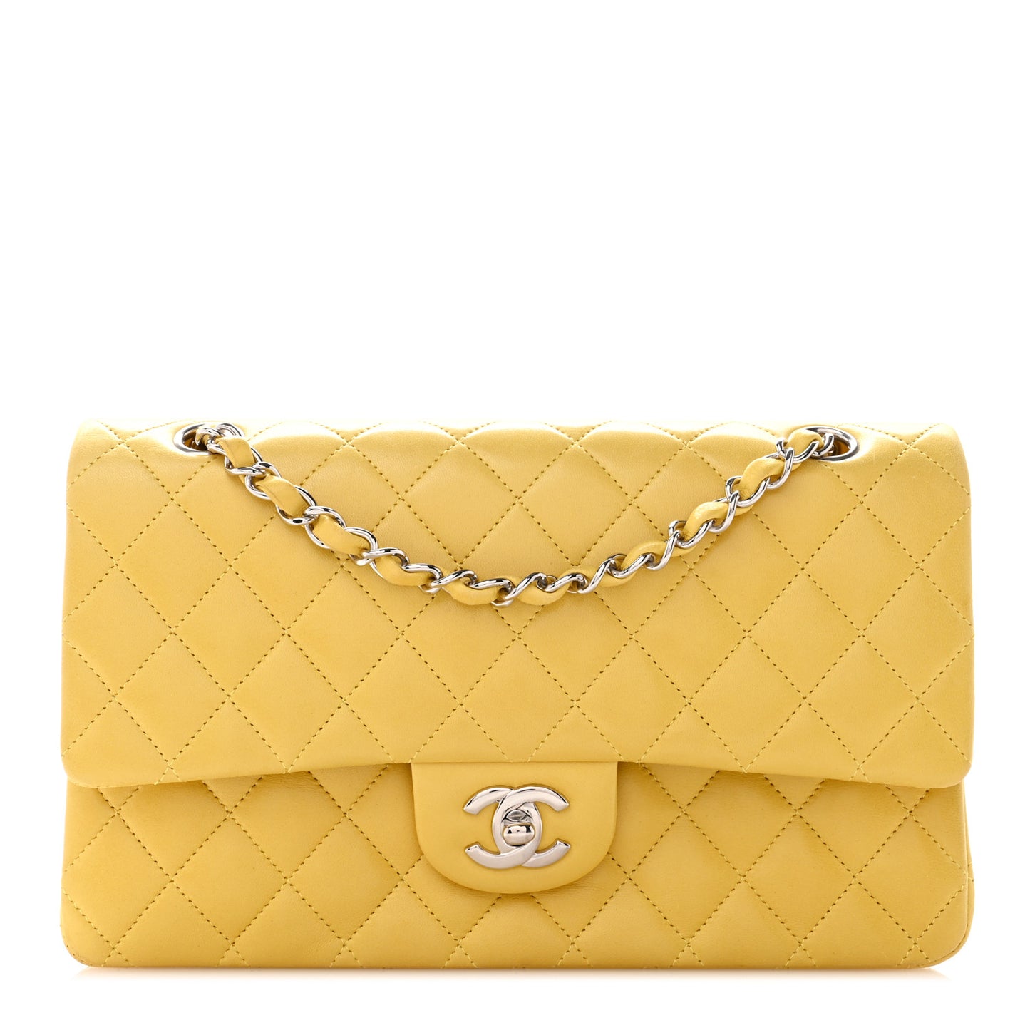 Lambskin Quilted Medium Double Flap Yellow