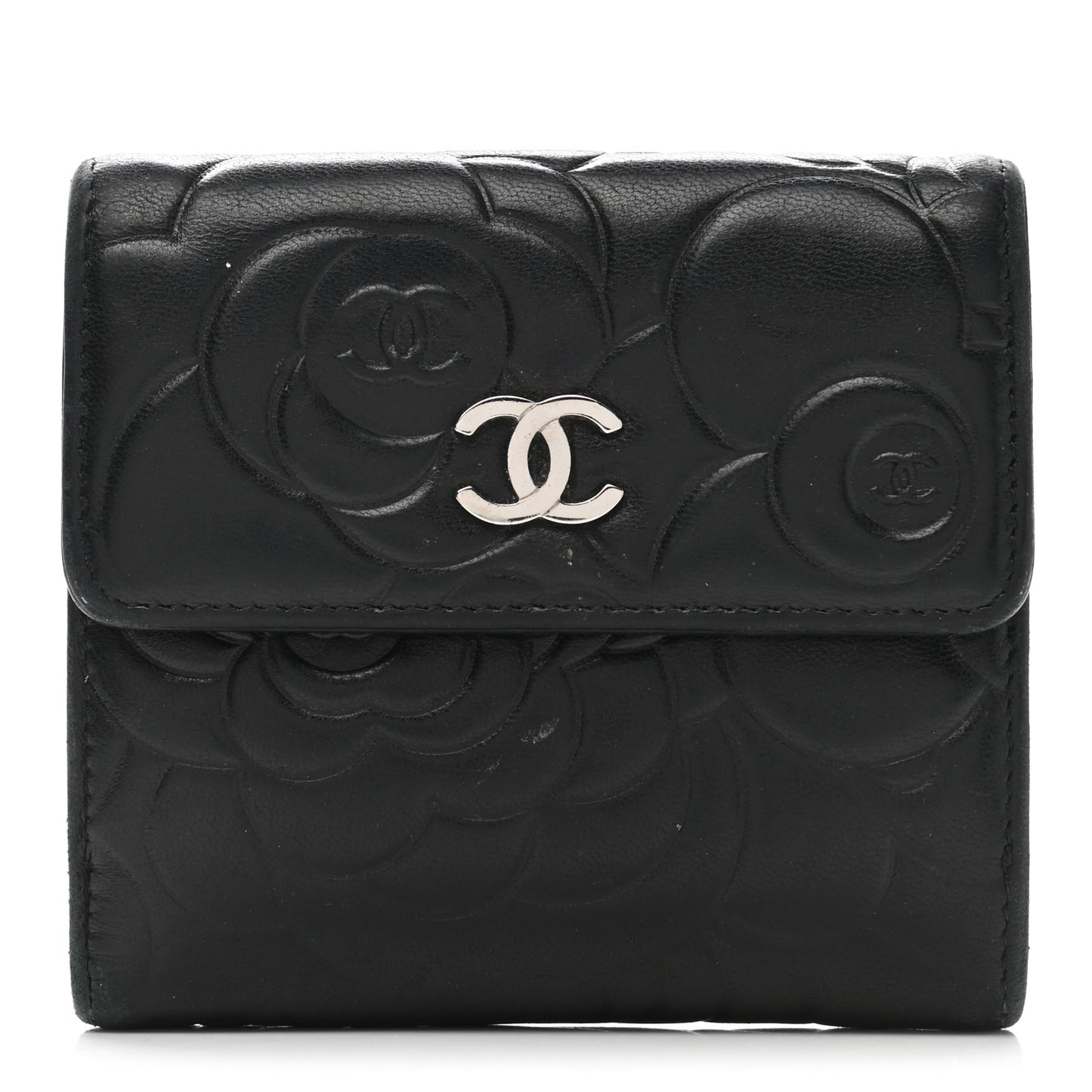 Lambskin Embossed Camellia French Wallet Black