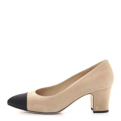 Chanel Suede Satin Cap Toe Low Heel Pumps 41 Beige Black 1 of 9