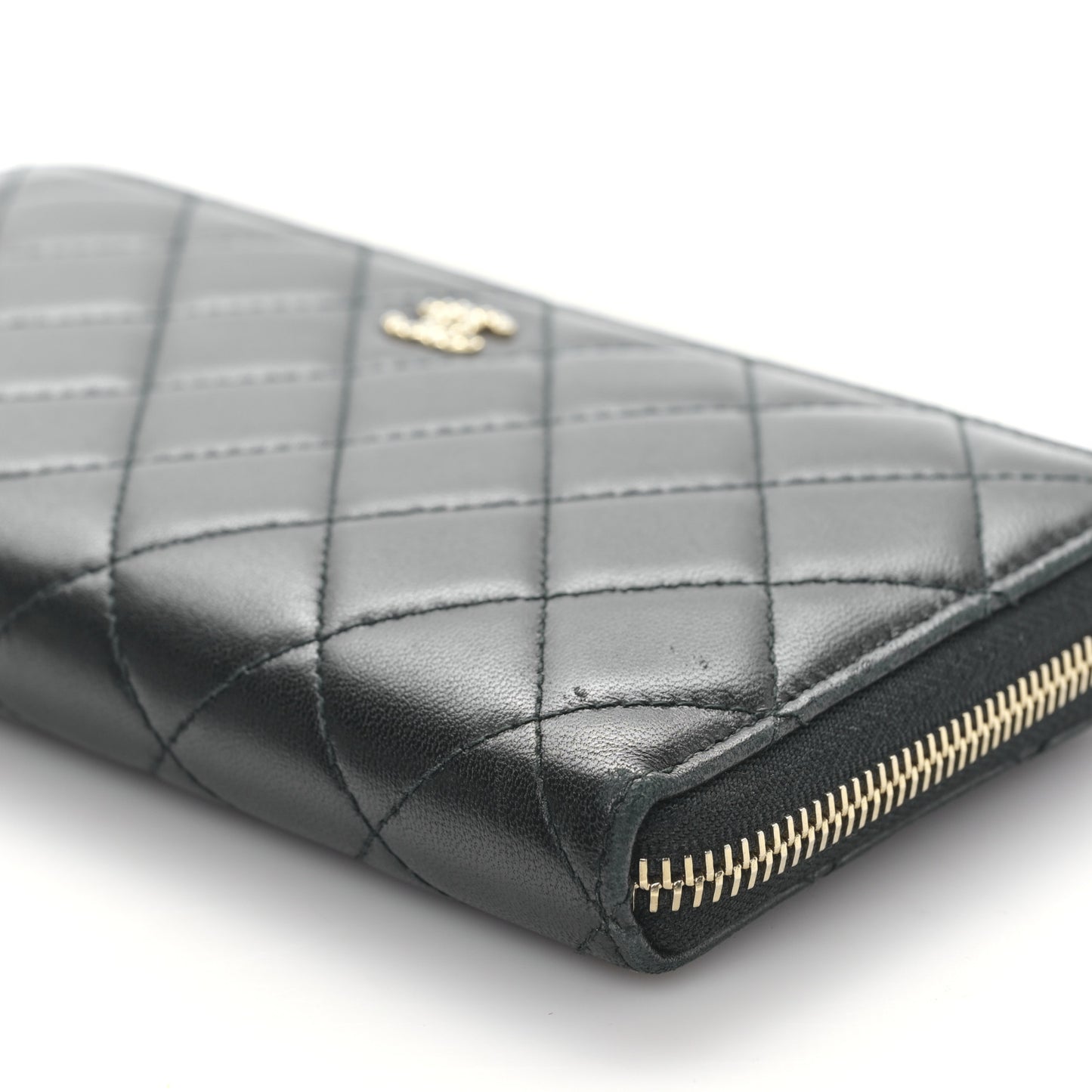 Lambskin Zip Around Large Gusset Wallet With Pearl Chain Black