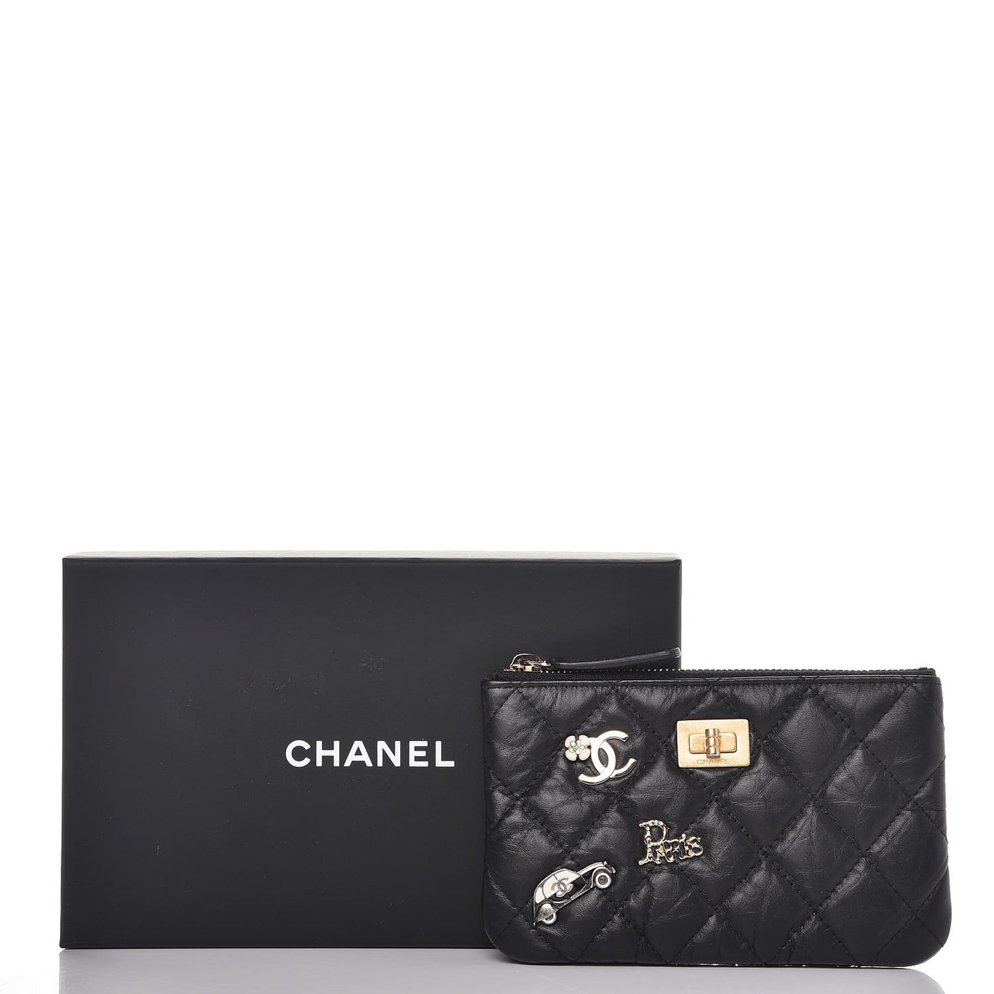 Aged Calfskin Charm Quilted Small Reissue Cosmetic Case Black