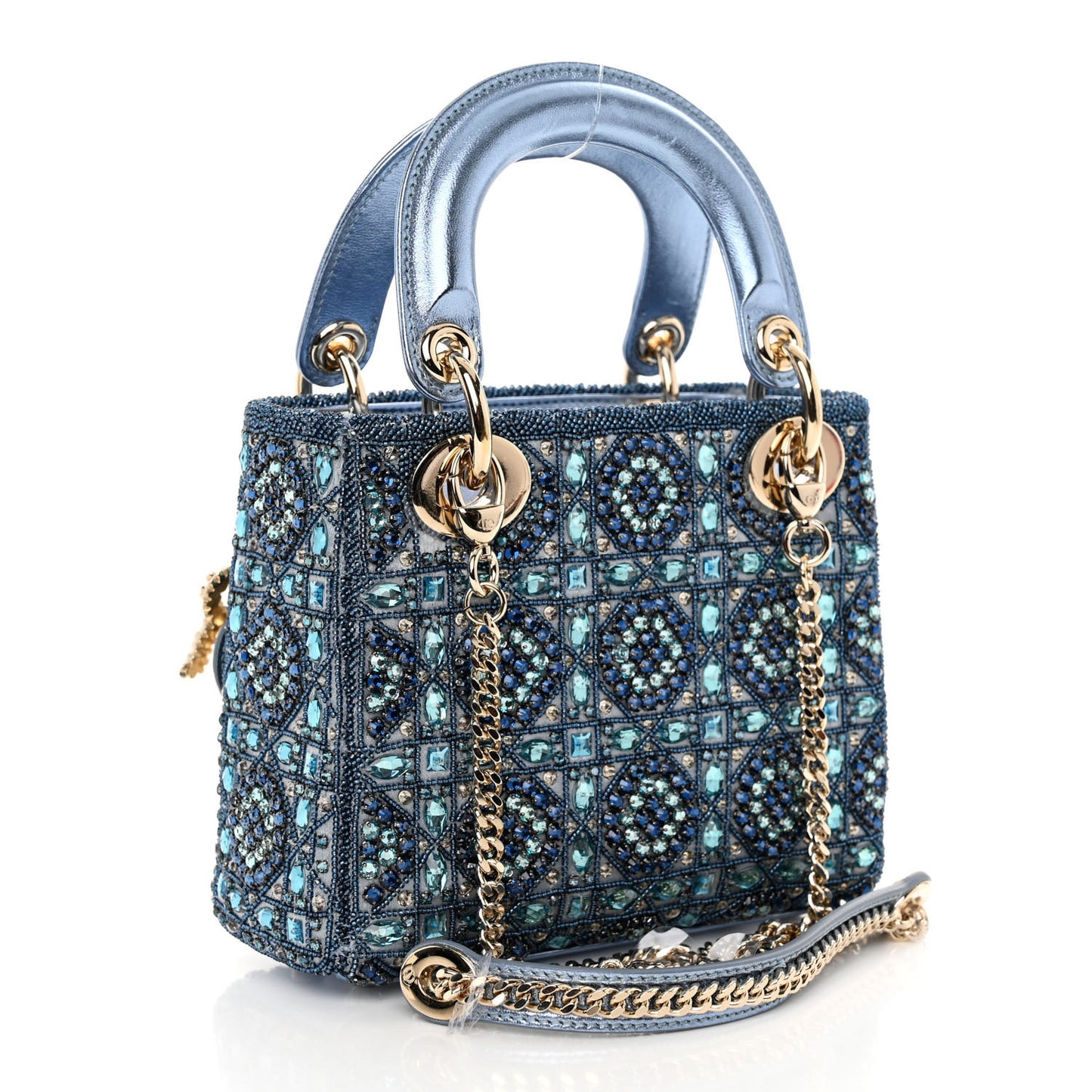 Metallic Calfskin Satin Celestial Bead Embroidery Cannage Mini Lady Dior Blue