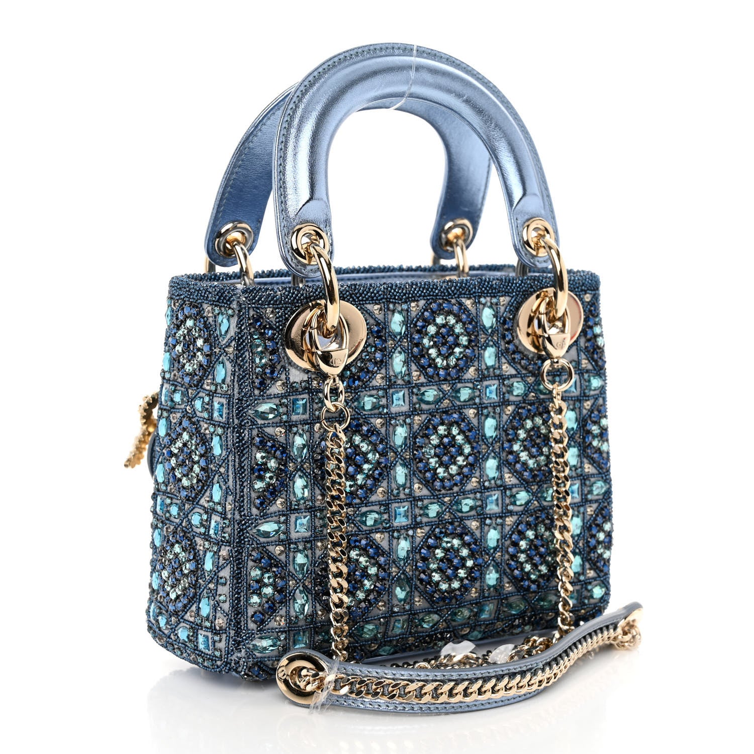 Christian Dior Metallic Calfskin Satin Celestial Bead Embroidery Cannage Mini Lady Dior Blue 3 of 11