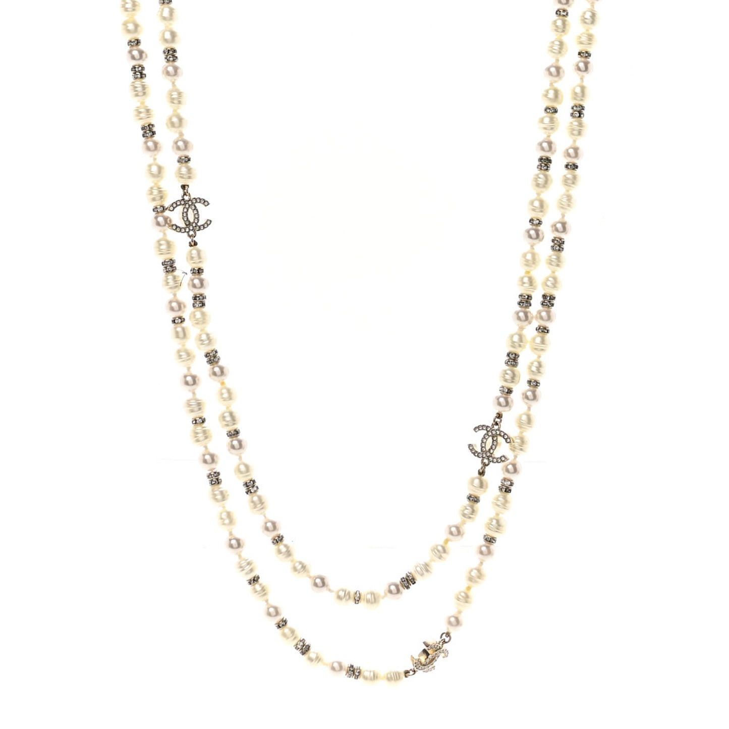 Crystal Pearl CC Long Necklace Light Gold