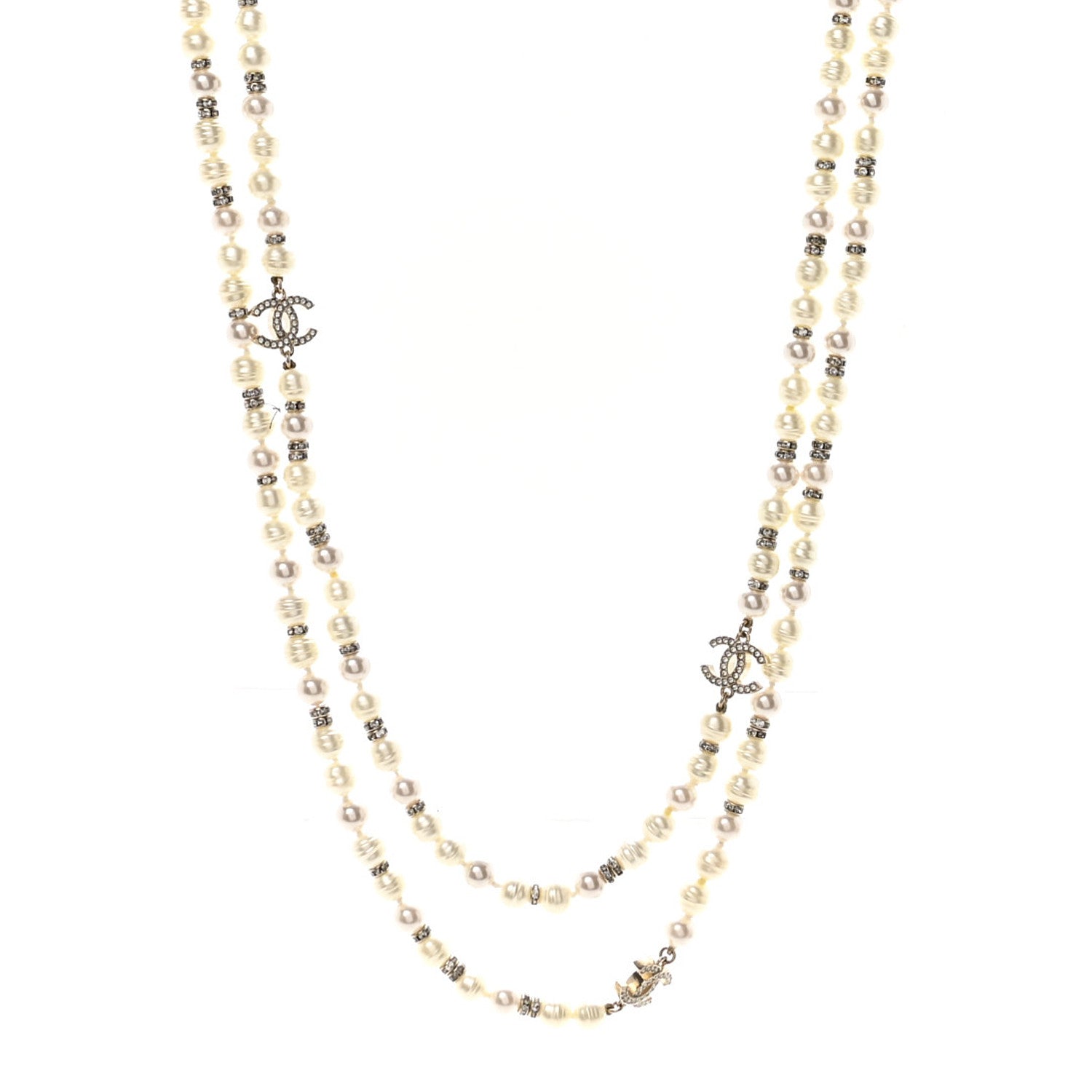 Chanel Crystal Pearl CC Long Necklace Light Gold 1 of 7