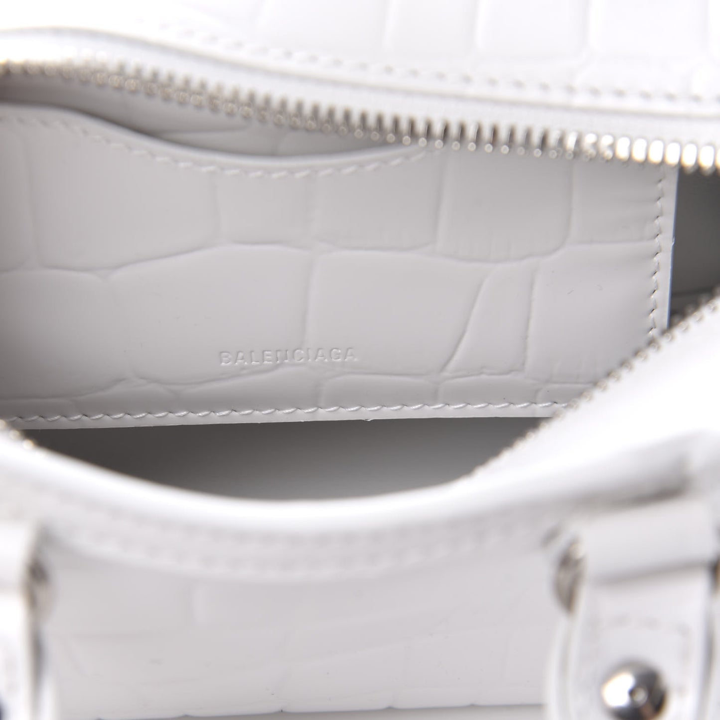 Semi Shiny Calfskin Crocodile Embossed Neo Classic Silver Hardware Mini City White