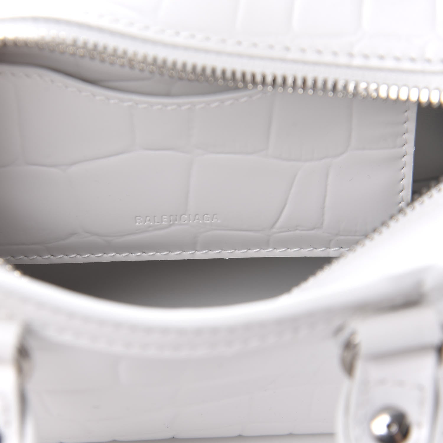Balenciaga Semi Shiny Calfskin Crocodile Embossed Neo Classic Silver Hardware Mini City White 8 of 9