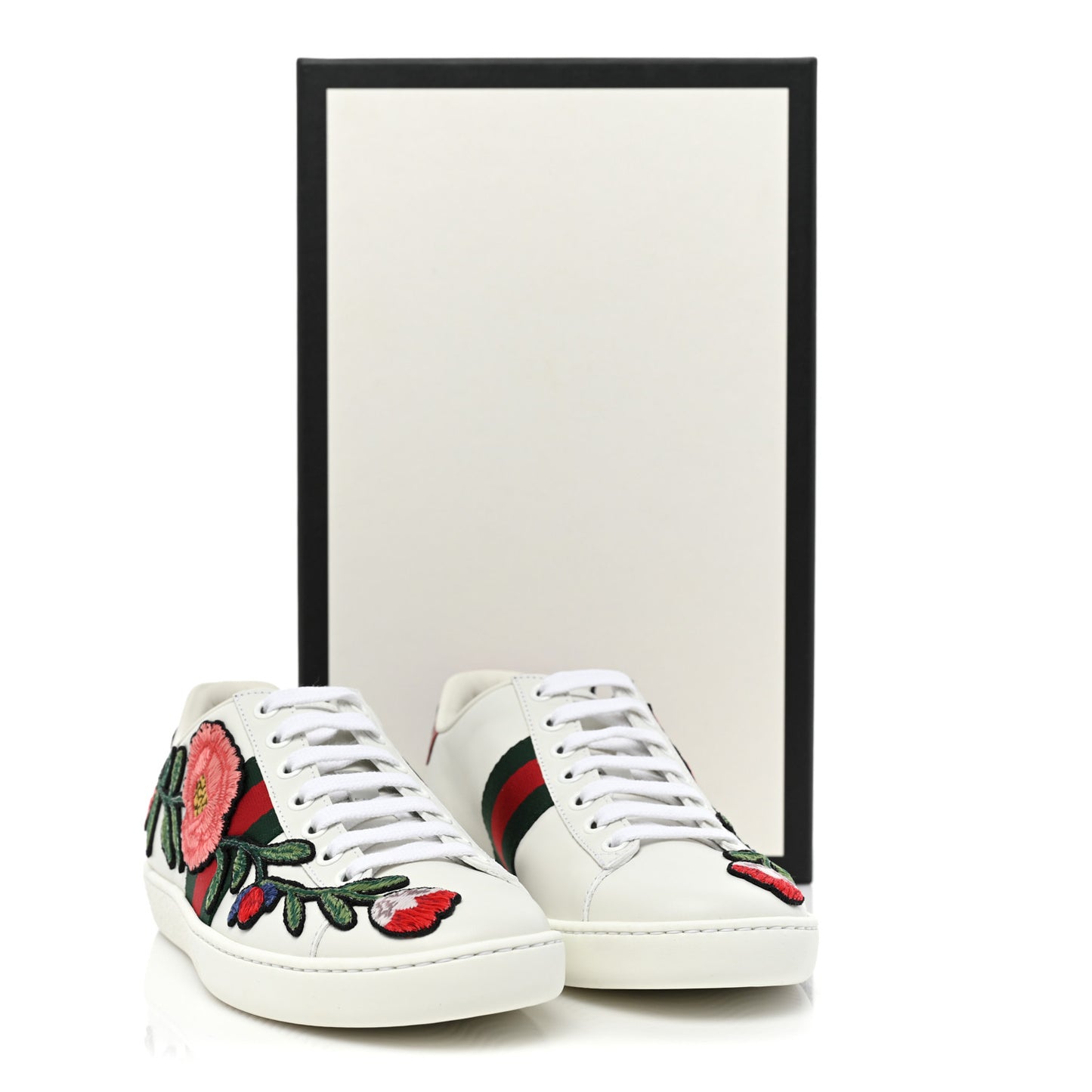 Calfskin Web Floral Embroidered Womens Ace Sneakers 36 White