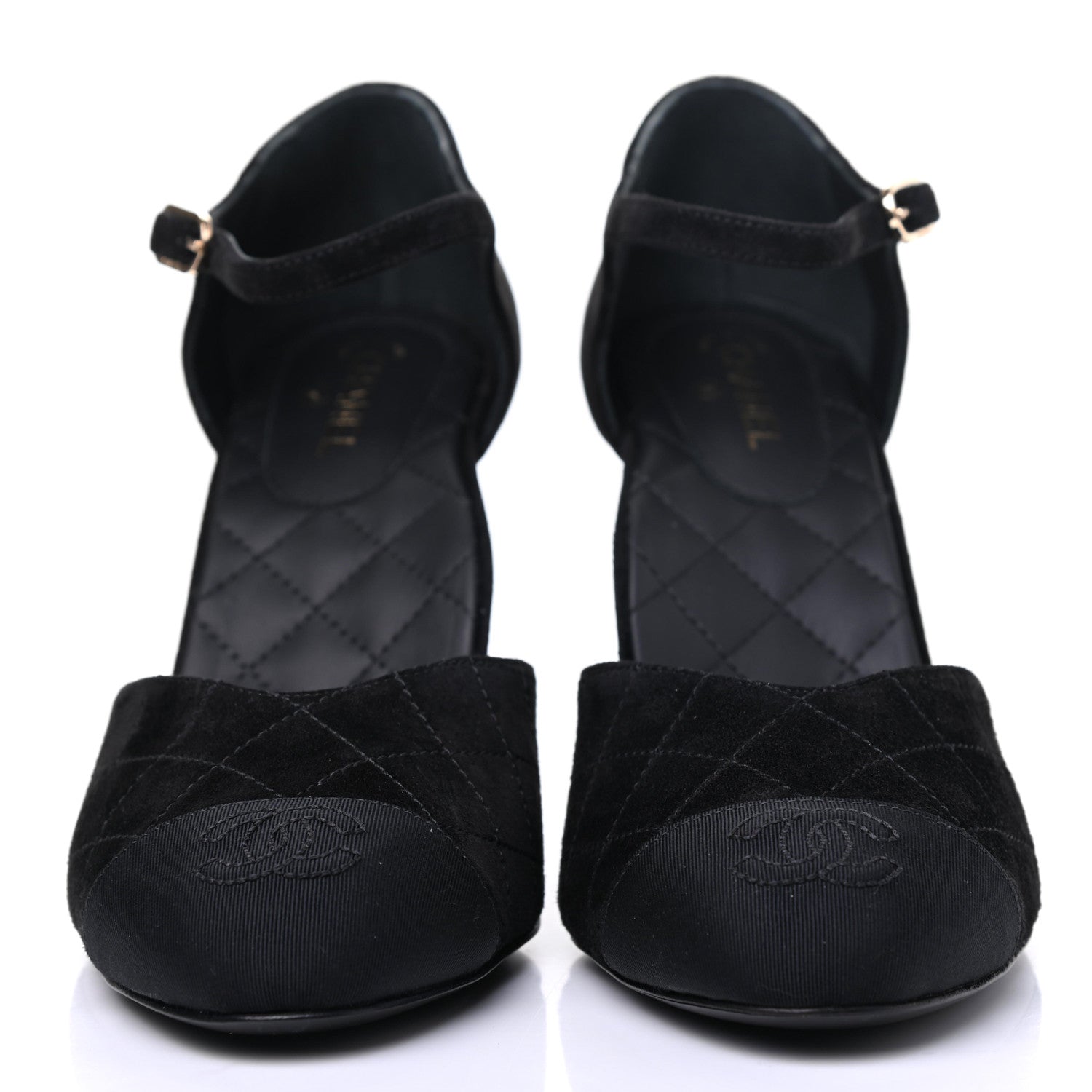 Chanel Suede Grosgrain Cap Toe CC Ankle Strap Pumps 39 Black 2 of 9