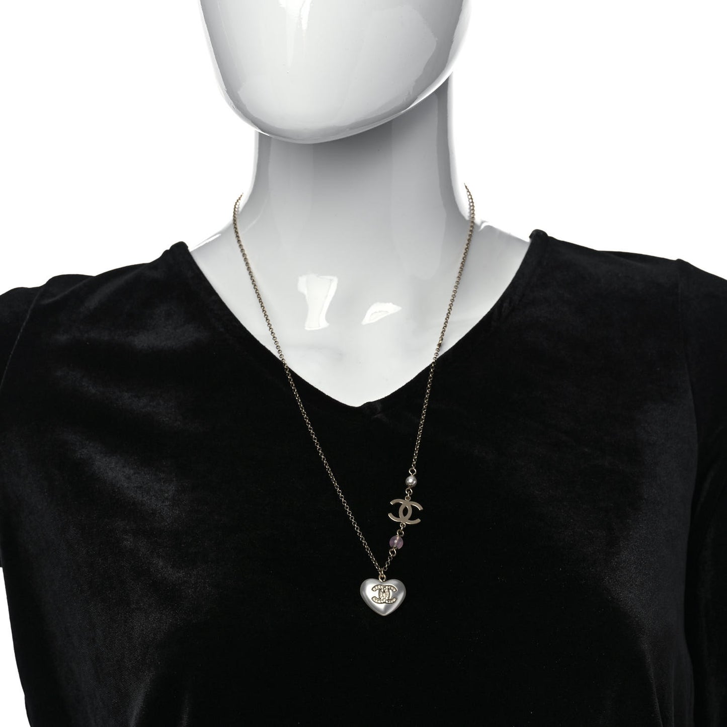 Resin Crystal CC Heart Necklace Pearly White Gold