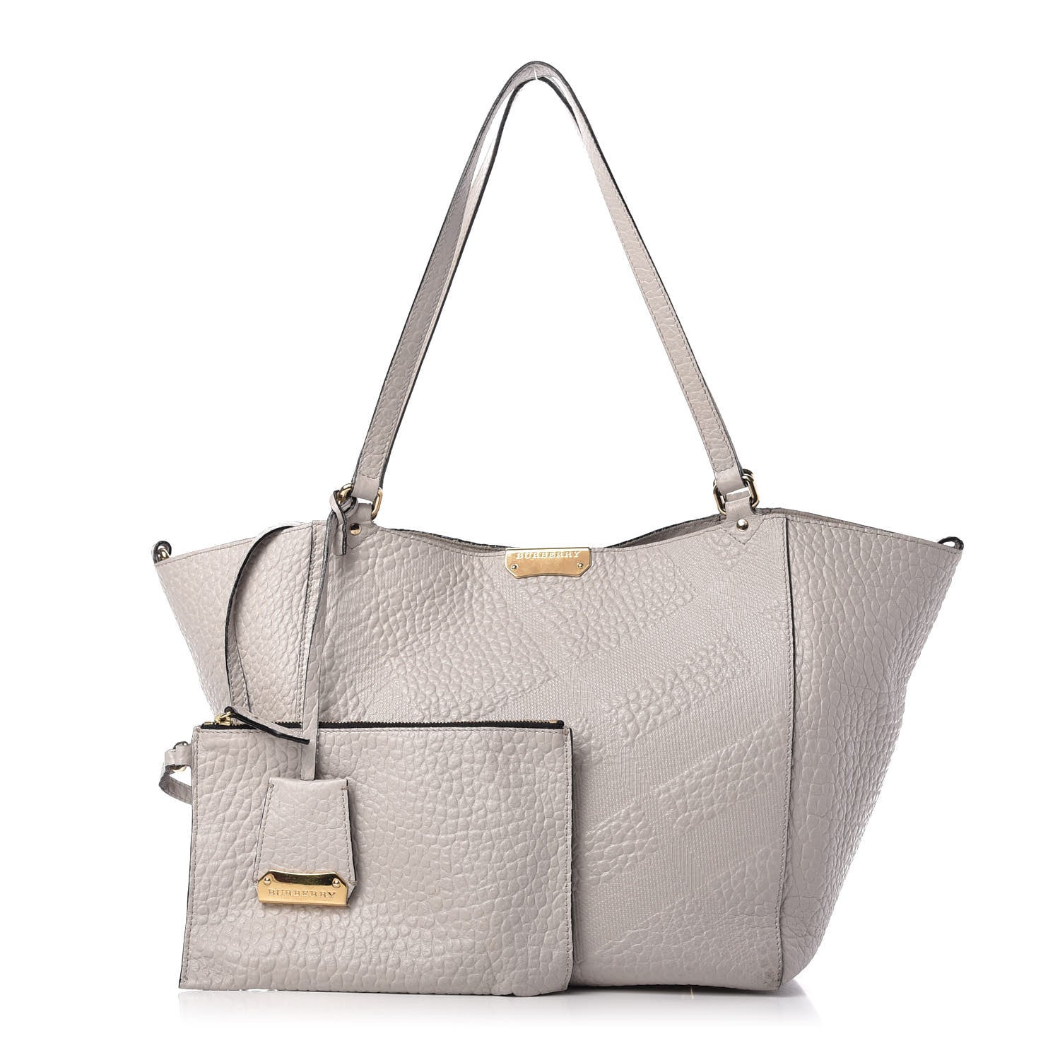 Burberry Signature Grain Calfskin Check Embossed Small Canterbury Tote Stone White 1 of 12