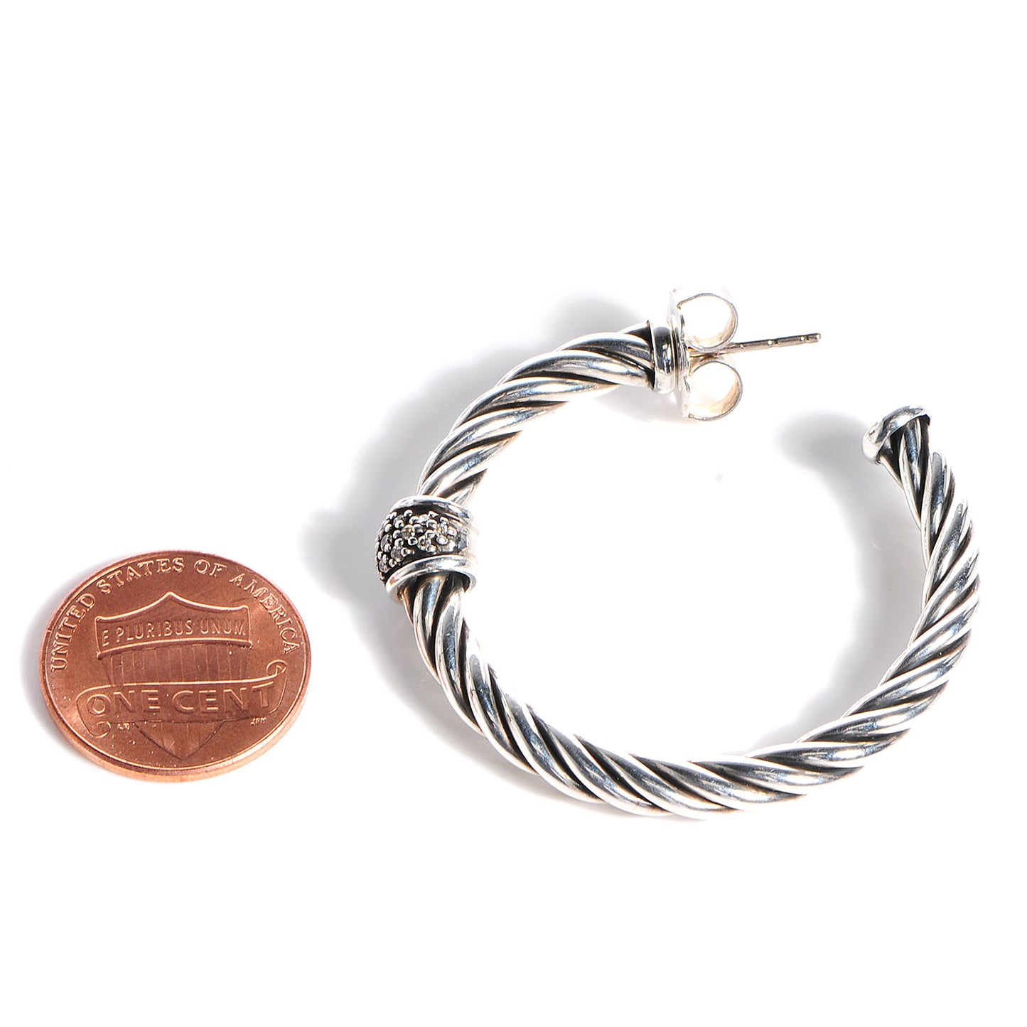 Sterling Silver Darkened Silver Pave Diamond Cable Classics Hoop Earrings
