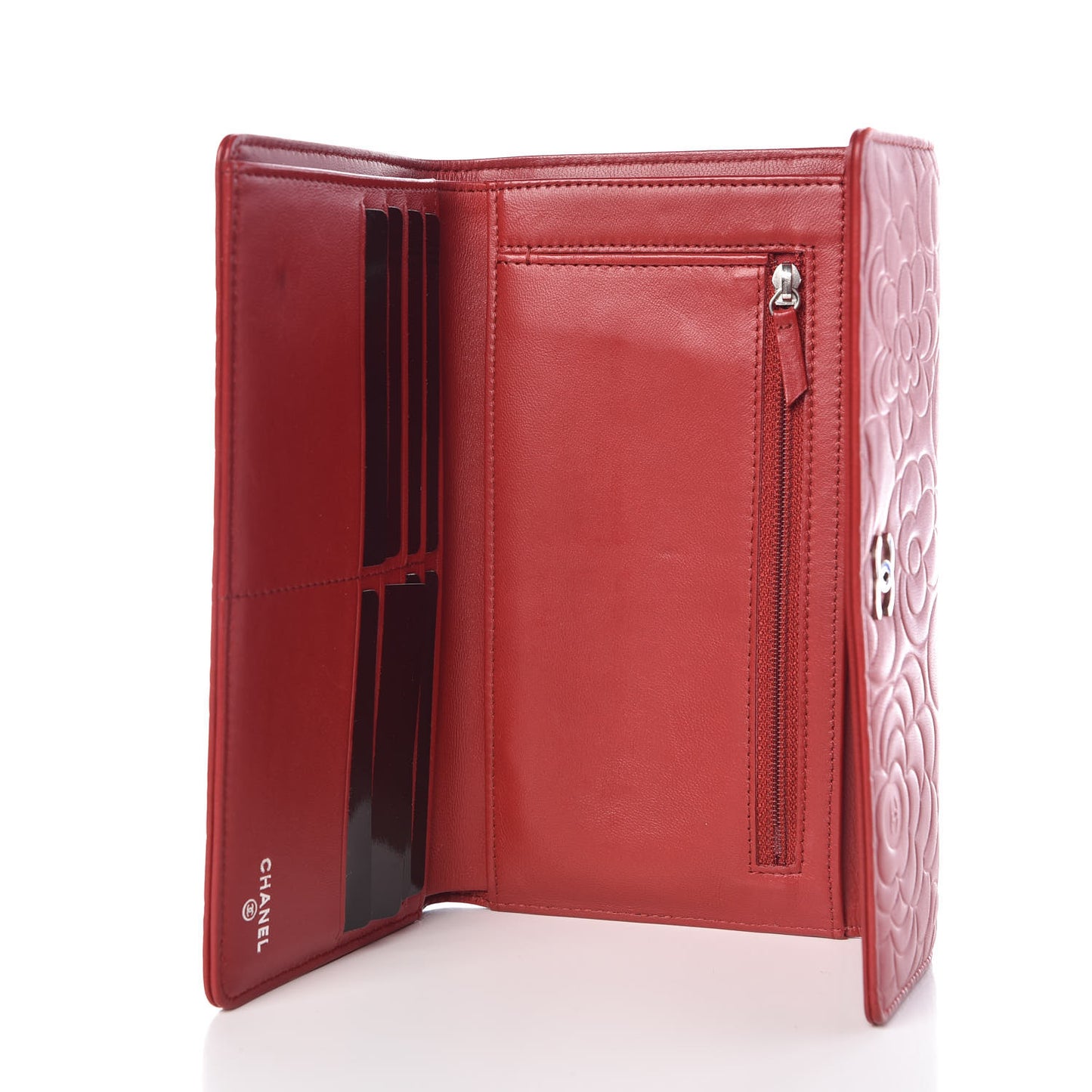 Lambskin Embossed Camellia Large Gusset Flap Wallet Red