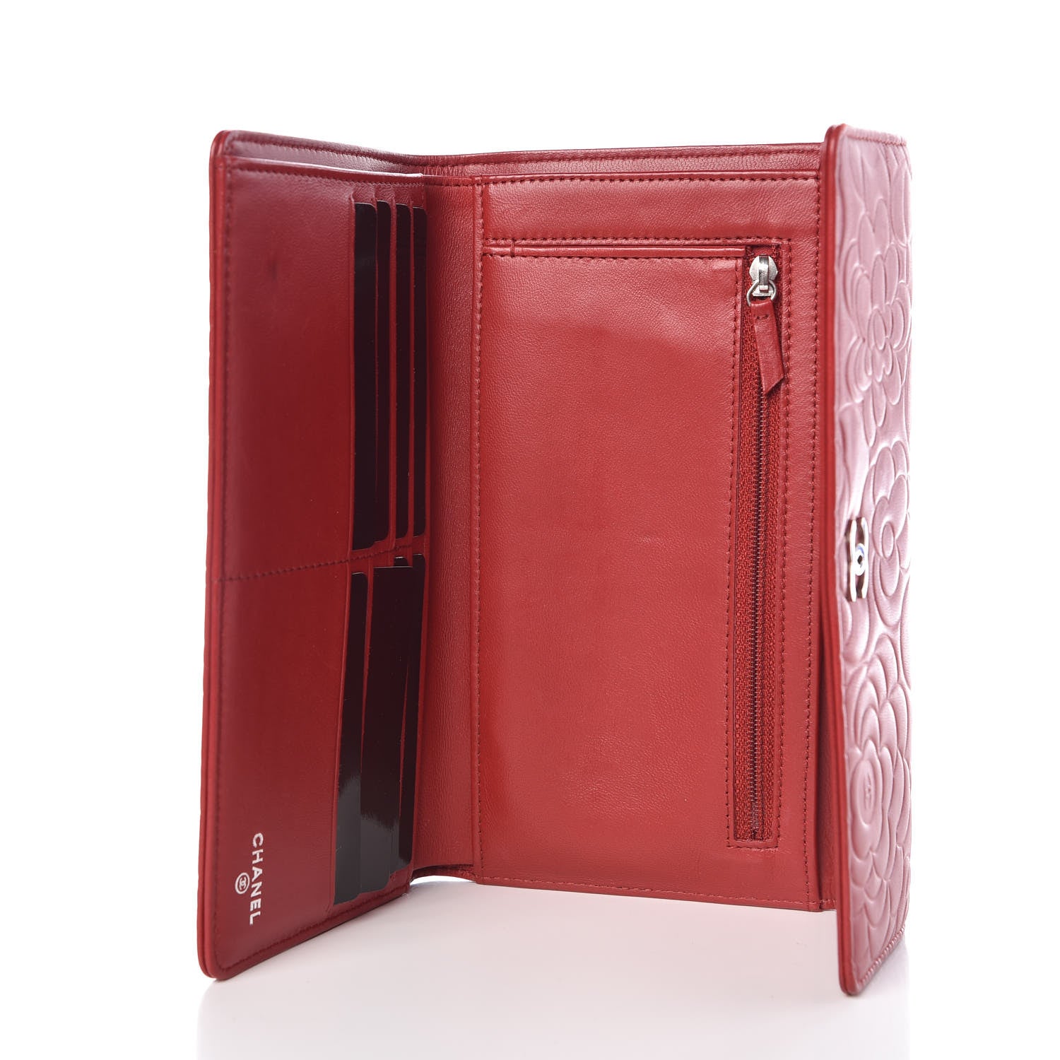 Chanel Lambskin Embossed Camellia Large Gusset Flap Wallet Red 5 of 10