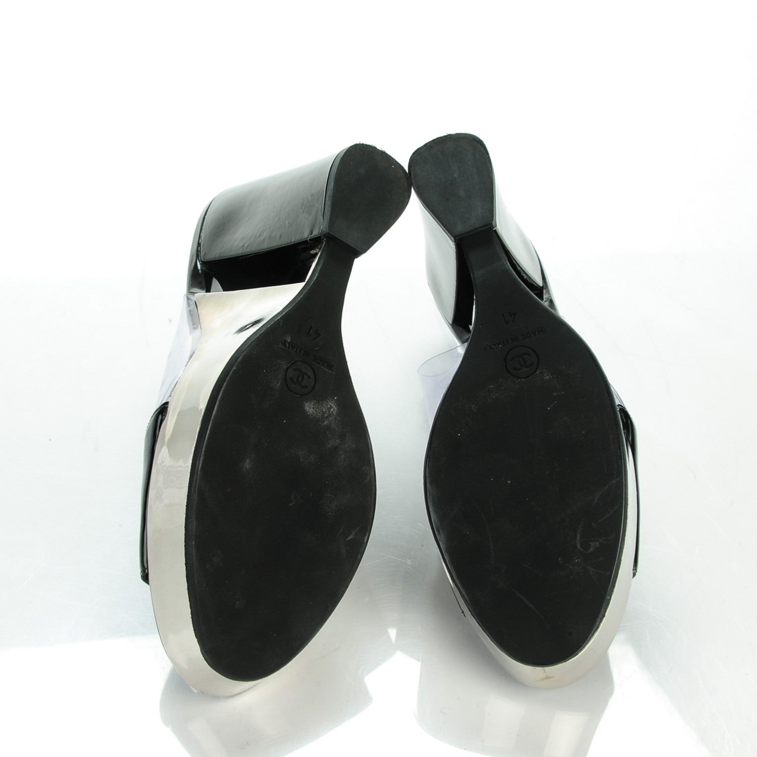 Chanel Patent Chrome Vinyl Wedge Sandals 41 Black 5 of 8