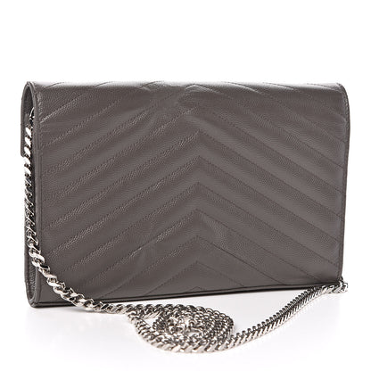 Saint Laurent Grain De Poudre Matelasse Chevron Monogram Chain Wallet Fog 3 of 12