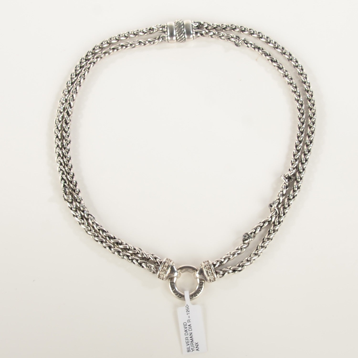 David Yurman Sterling Silver Pave Diamond Double Wheat Chain Necklace 17mm 4 of 8