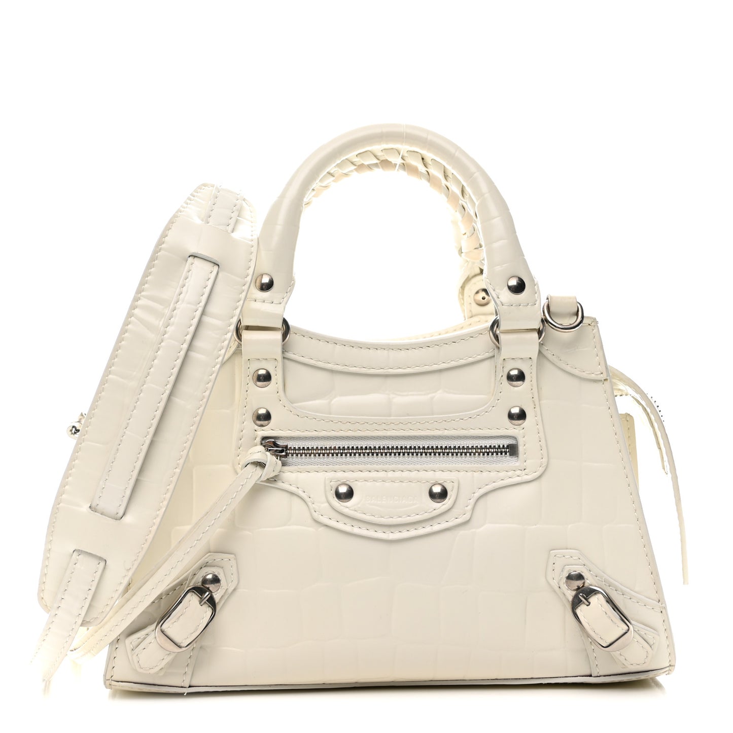 Semi Shiny Calfskin Crocodile Embossed Neo Classic Silver Hardware Mini City White
