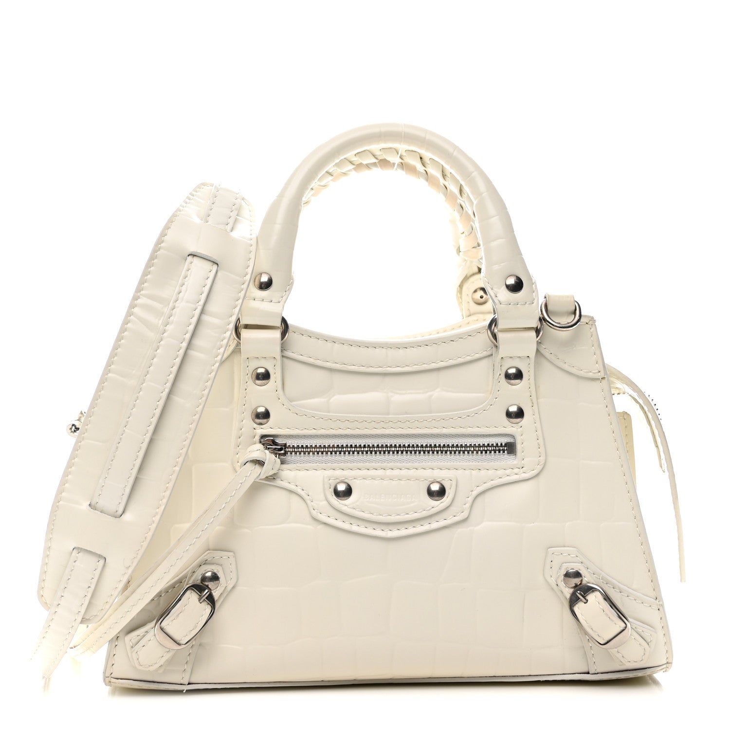 Balenciaga Semi Shiny Calfskin Crocodile Embossed Neo Classic Silver Hardware Mini City White 1 of 14