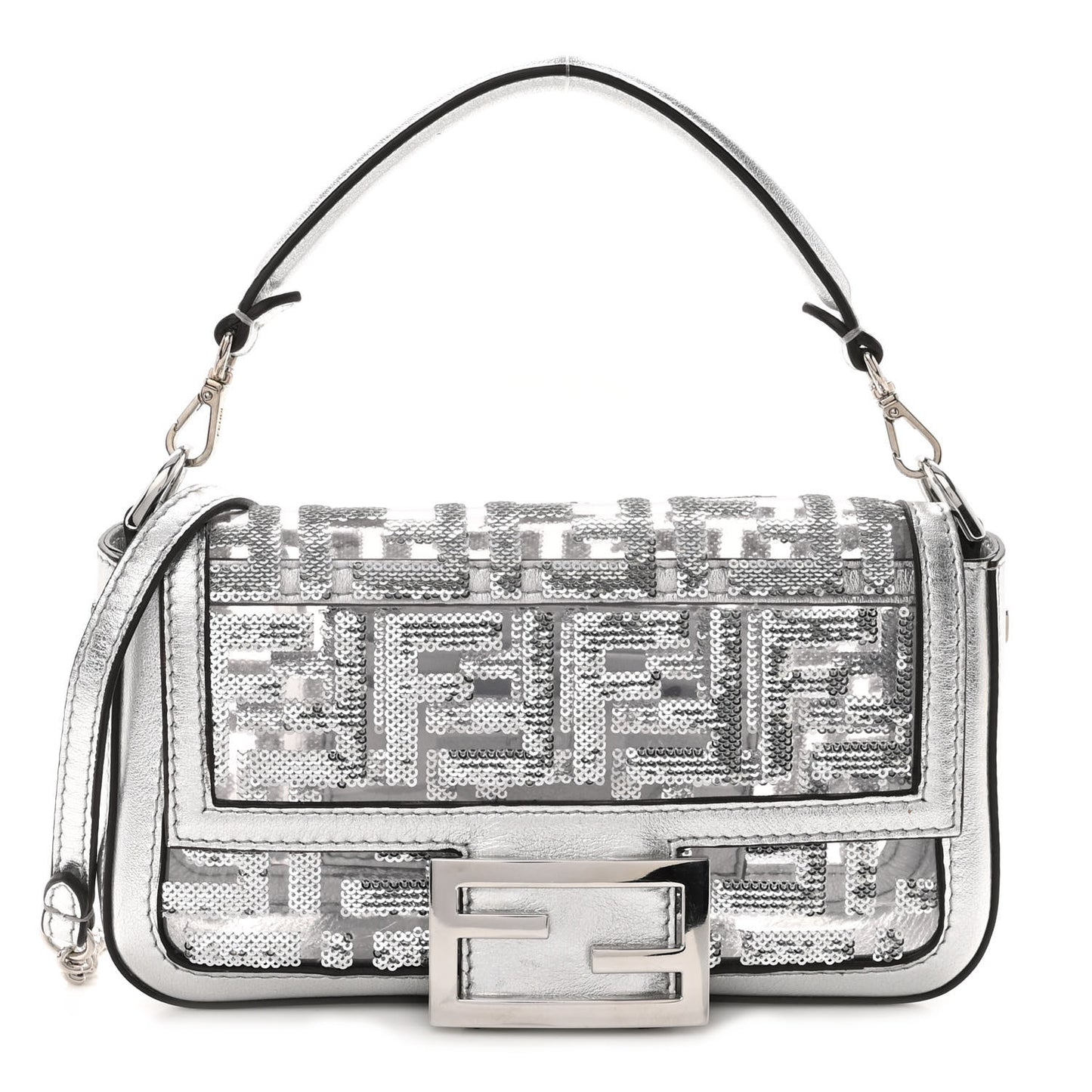 PVC Vitello Catalan Mirror Sequin FF Mini Baguette Argento