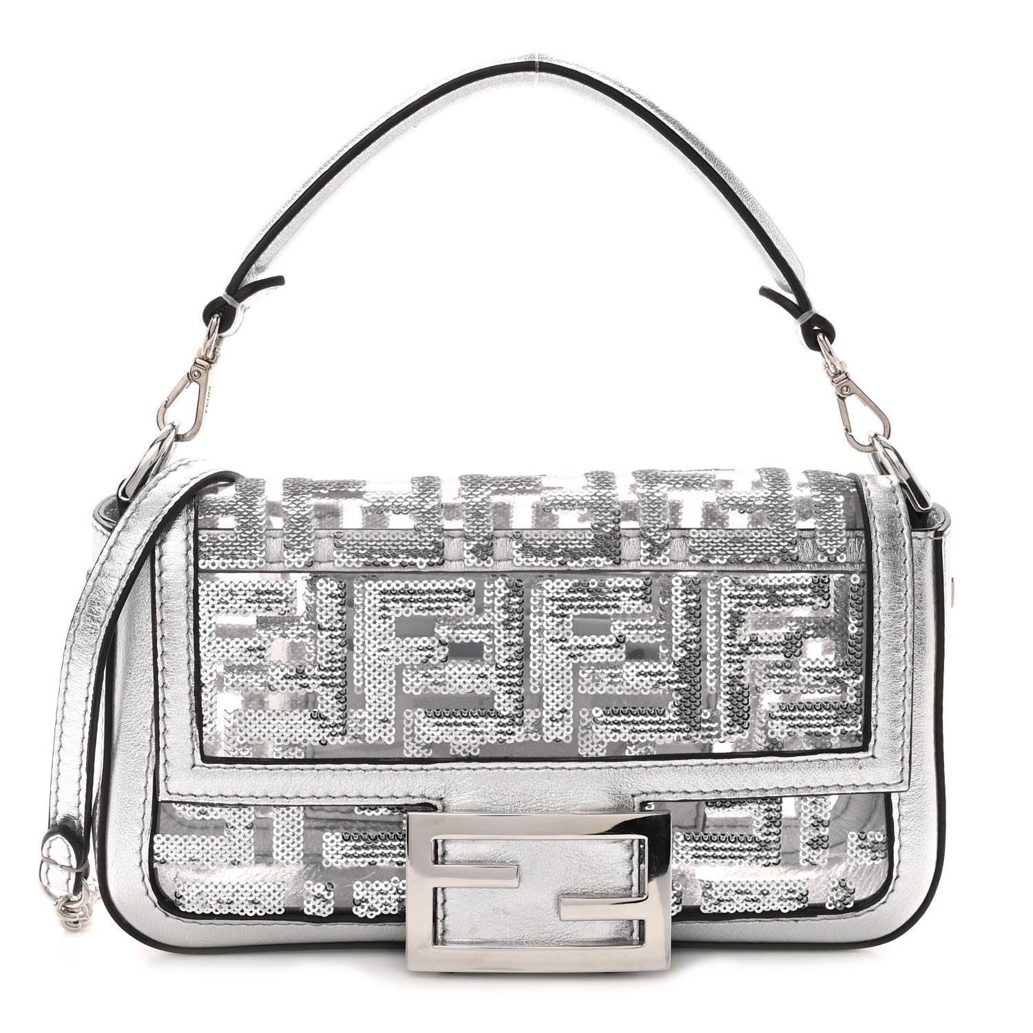 Fendi PVC Vitello Catalan Mirror Sequin FF Mini Baguette Argento 1 of 9