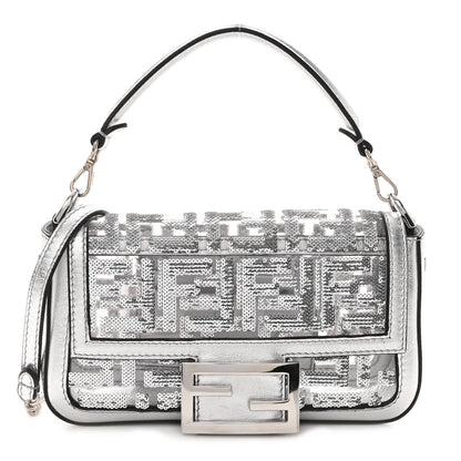 Fendi PVC Vitello Catalan Mirror Sequin FF Mini Baguette Argento 1 of 9