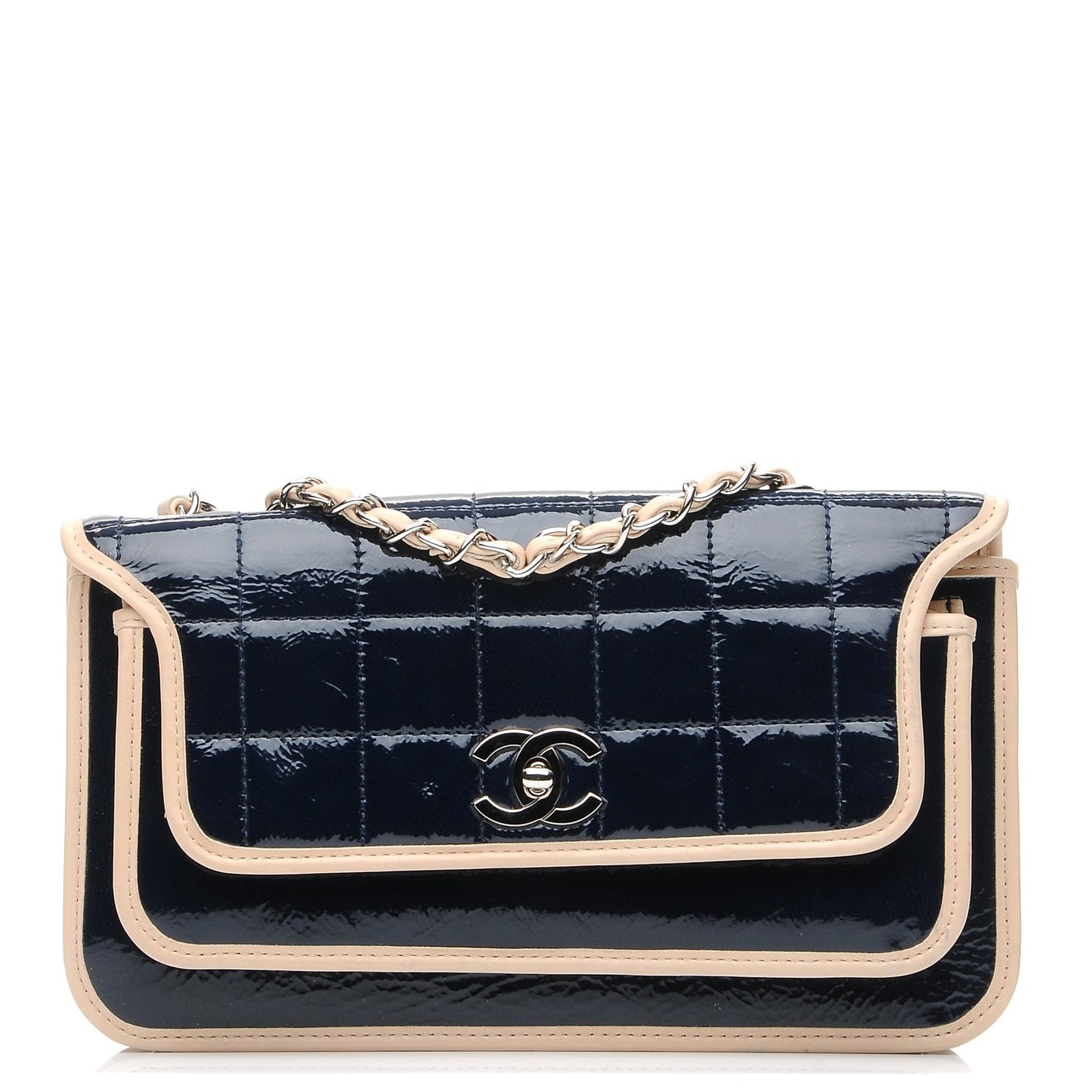 Patent Lambskin Medium Chocolate Bar Flap Navy Beige