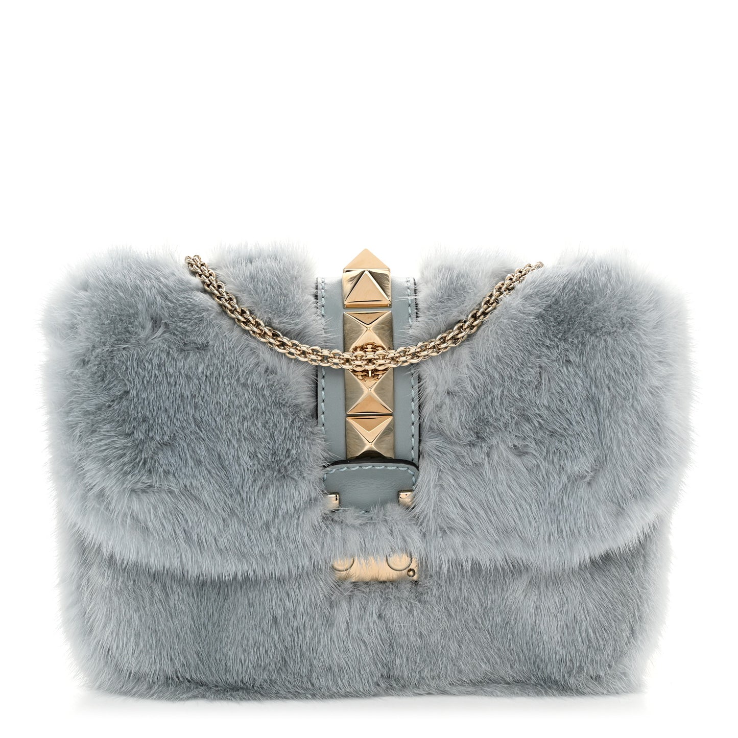 Mink Fur Small Glam Lock Rockstud Flap Light Blue