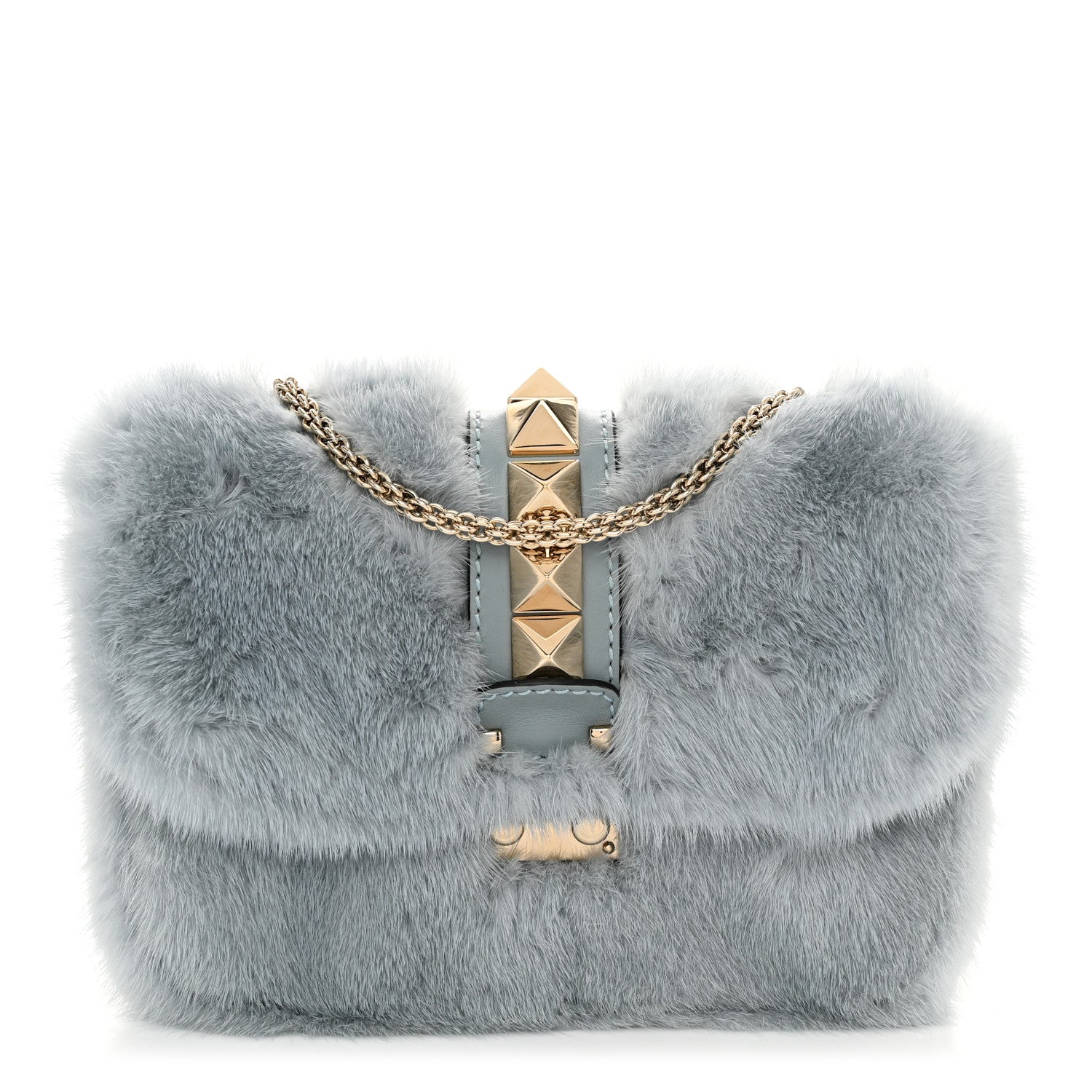 Valentino Garavani Mink Fur Small Glam Lock Rockstud Flap Light Blue 1 of 11