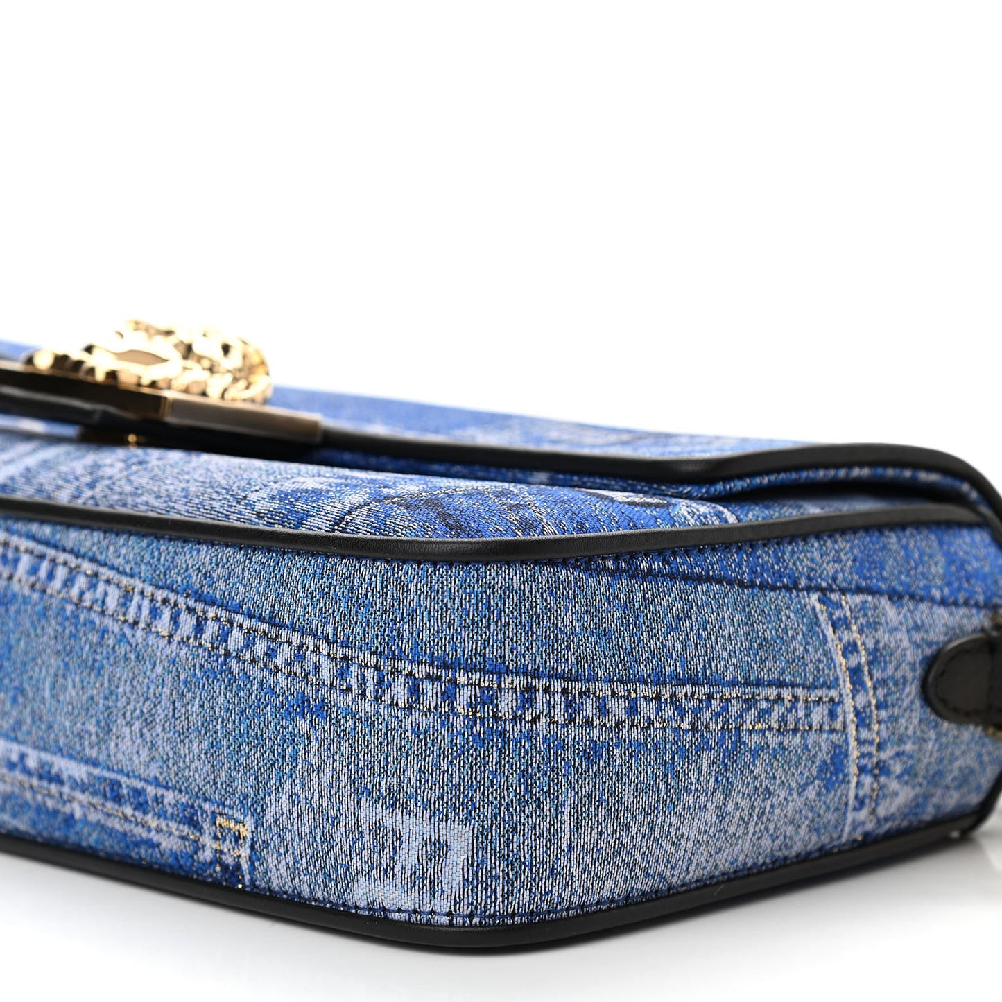 X FENDI Fabric Calfskin Medusa Denim Patchwork Print Baguette Blue Black Gold