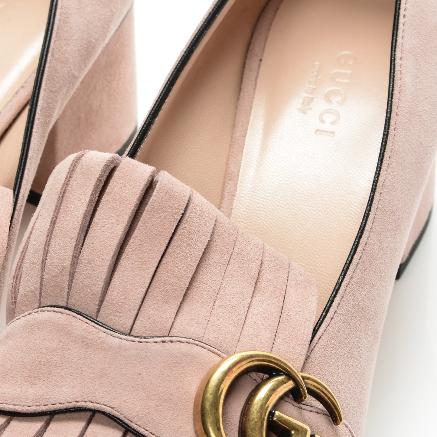 Kid Scamosciato GG Marmont Fringe 50mm Loafer Pumps 38 Crystal Pink