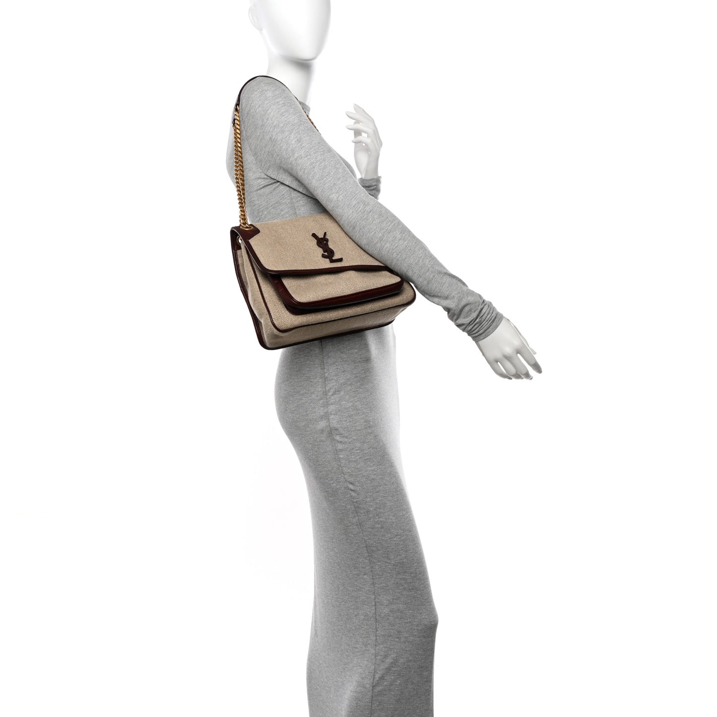 Cotton Canvas Vintage Calfskin Monogram Medium Niki Chain Satchel Natural Chocolate