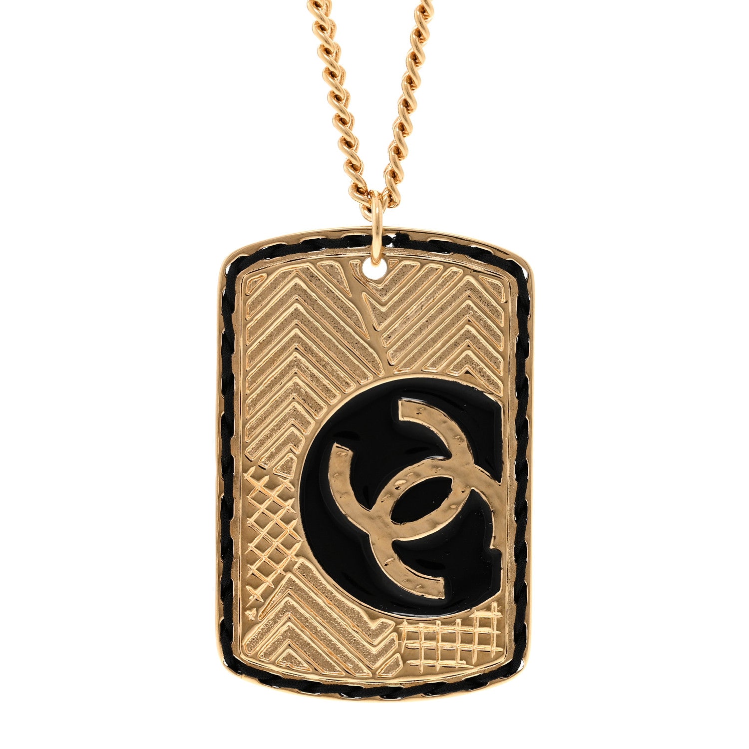Chanel CC ID Dog Tag Charm Necklace Gold Black 4 of 5
