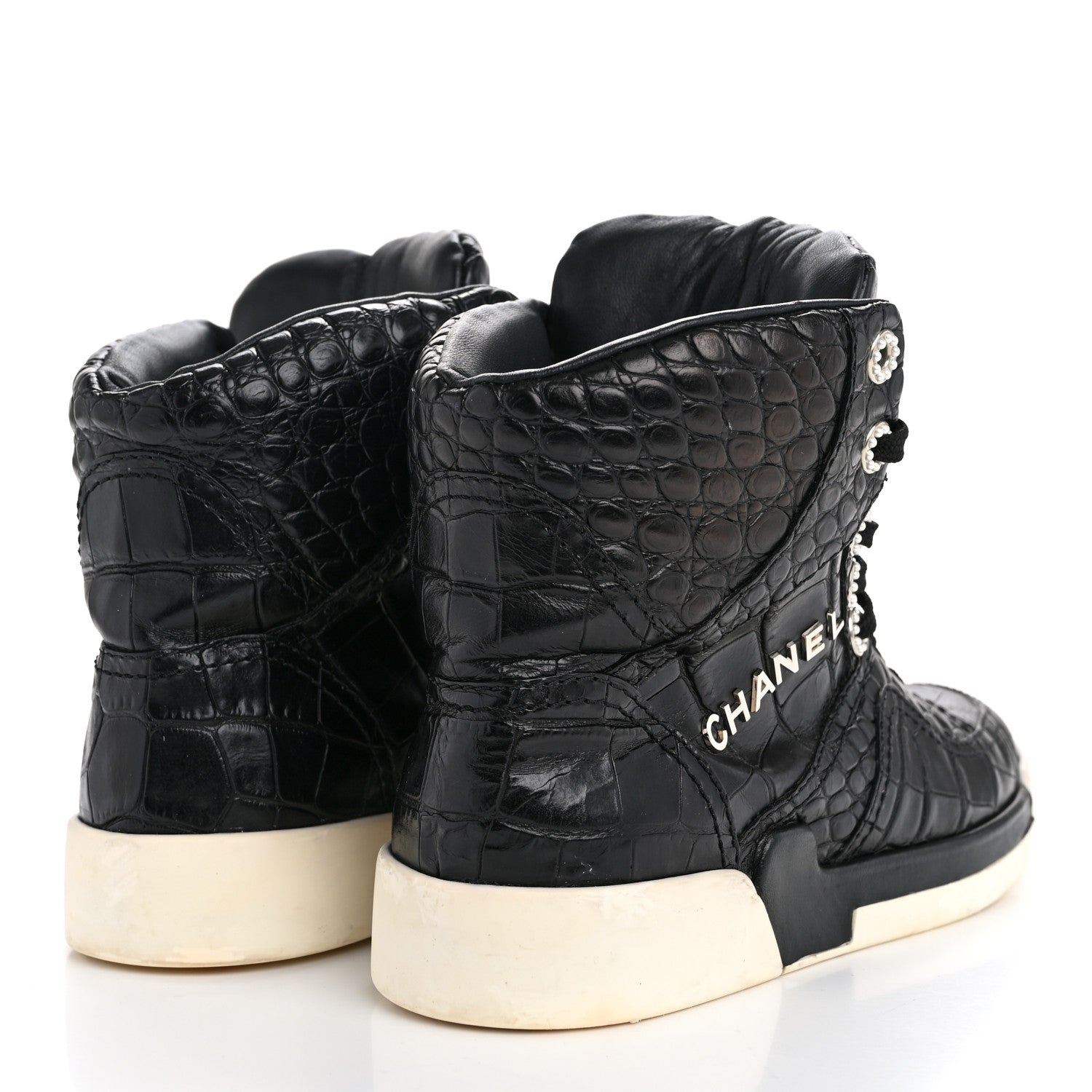Chanel Calfskin Crocodile Embossed Cocodile High Top Sneakers 36.5 Black 5 of 11
