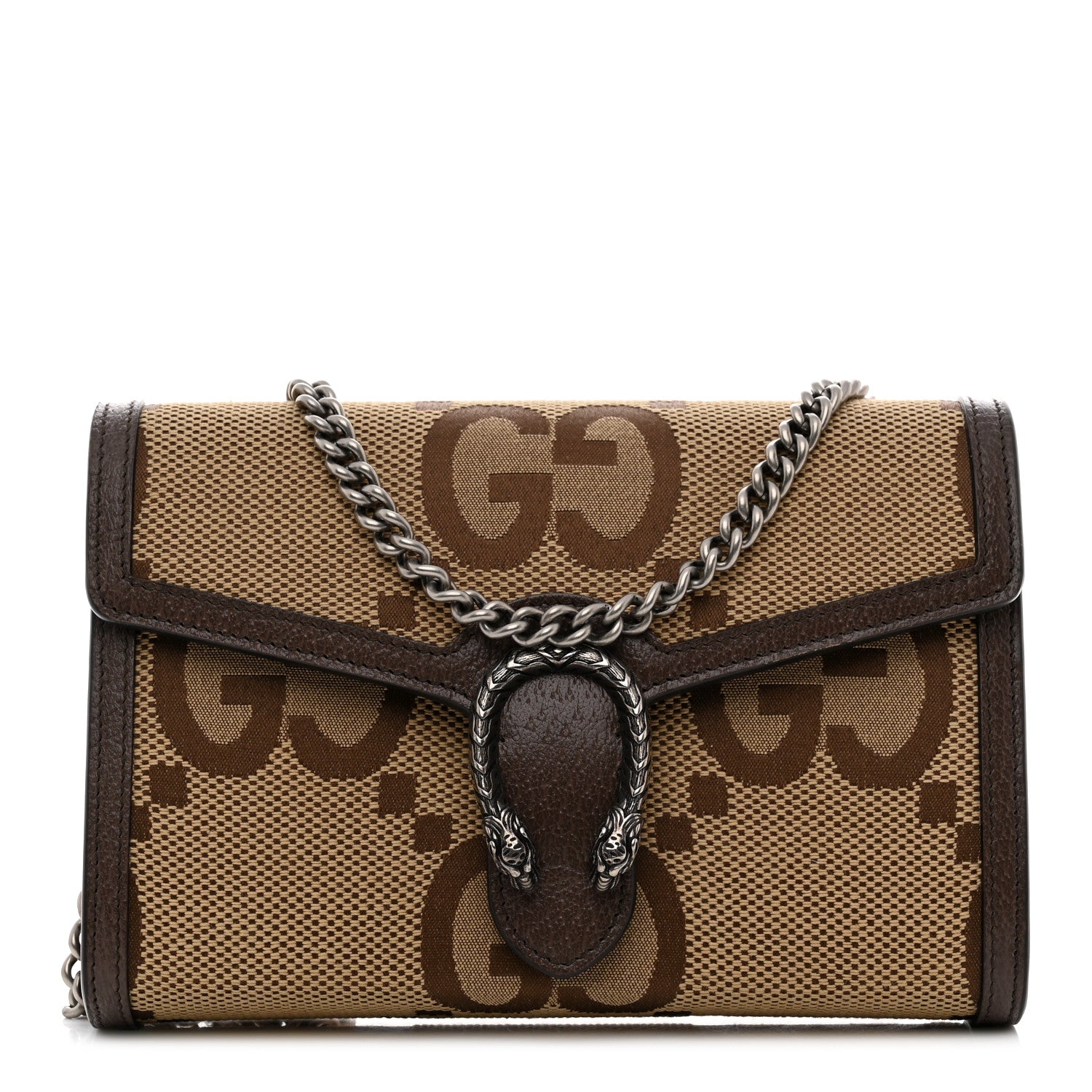 Gucci Monogram Jumbo GG Textured Dollar Calfskin Mini Dionysus Chain Wallet Camel Ebony New Acero 1 of 10