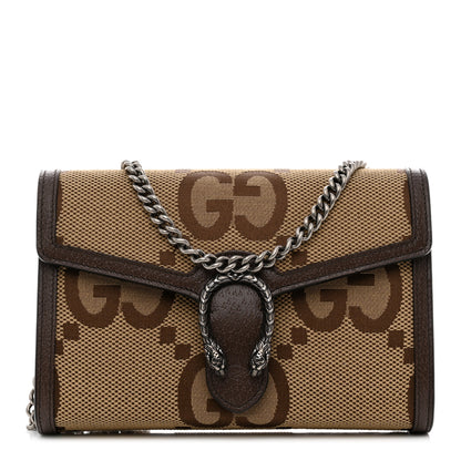 Gucci Monogram Jumbo GG Textured Dollar Calfskin Mini Dionysus Chain Wallet Camel Ebony New Acero 1 of 10