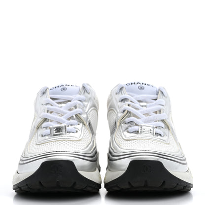 Chanel Fabric Laminated Calfskin Stretch CC Sneakers 37 White Silver 3 of 17
